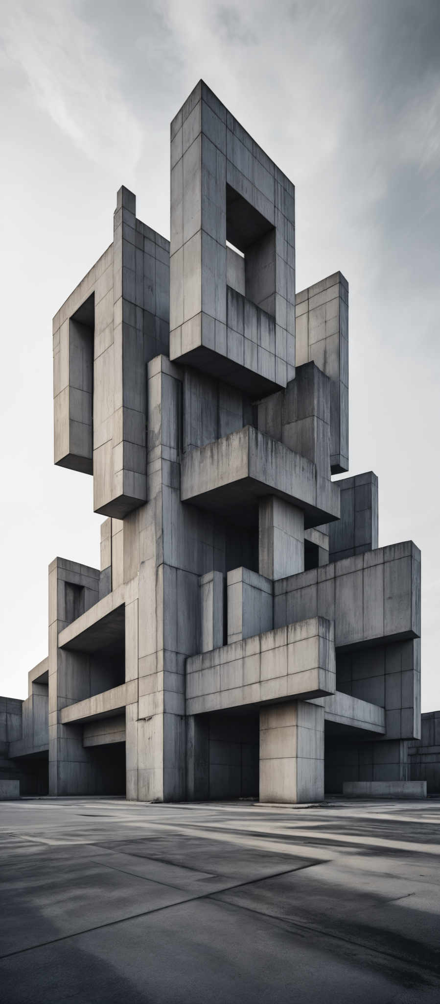 The image showcases a large, imposing structure made of gray concrete blocks. The blocks are interconnected in an abstract, Brutalist architectural style. The structure has multiple levels and overlapping blocks, creating a complex and intricate design. The sky above is overcast, casting a muted light on the building. The ground appears to be a smooth, paved surface with a few visible shadows.