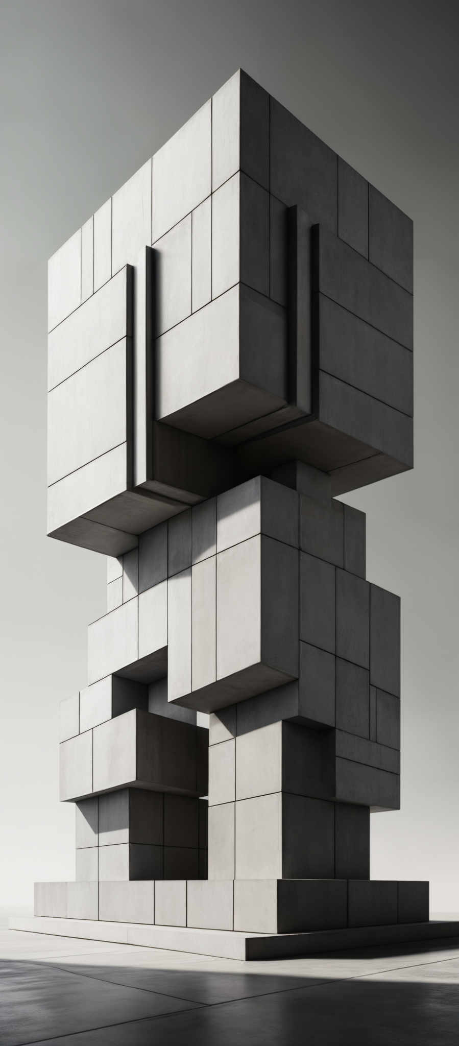 The image showcases a monochromatic, possibly grayscale, architectural structure. The structure is composed of multiple interconnected cubes and rectangular blocks, reminiscent of a modern or abstract building. The blocks are meticulously arranged in a way that they overlap and interlock, creating a complex and intricate design. The overall shape is reminiscant of a cube, but with various protrusions and extensions, giving it a unique and artistic appearance.