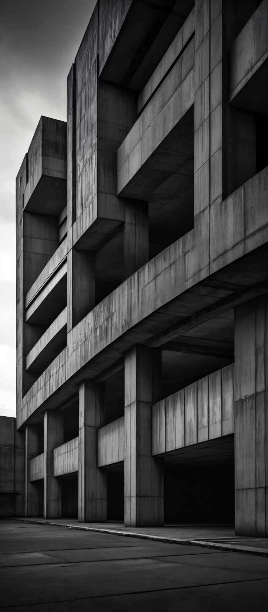 The image showcases a monochromatic, grayscale depiction of a modern architectural structure. The building features large, rectangular concrete blocks, interspersed with open spaces. The design is brutalist, characterized by its raw concrete texture and geometric shapes. The structure has multiple levels, with balconies and openings, creating a sense of depth and complexity. The overall mood of the image is somber and dramatic, emphasizing the stark contrast between the building and the overcast sky.