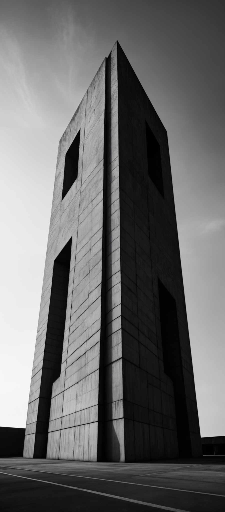 The image showcases a tall, rectangular building with a unique geometric design. The building is predominantly gray, with a series of rectangular openings or windows. The sky above is clear with a few wispy clouds, and the ground appears to be a smooth, paved surface. The overall mood of the image is stark and minimalistic, emphasizing the building's geometric form and the contrast between the structure and the sky.