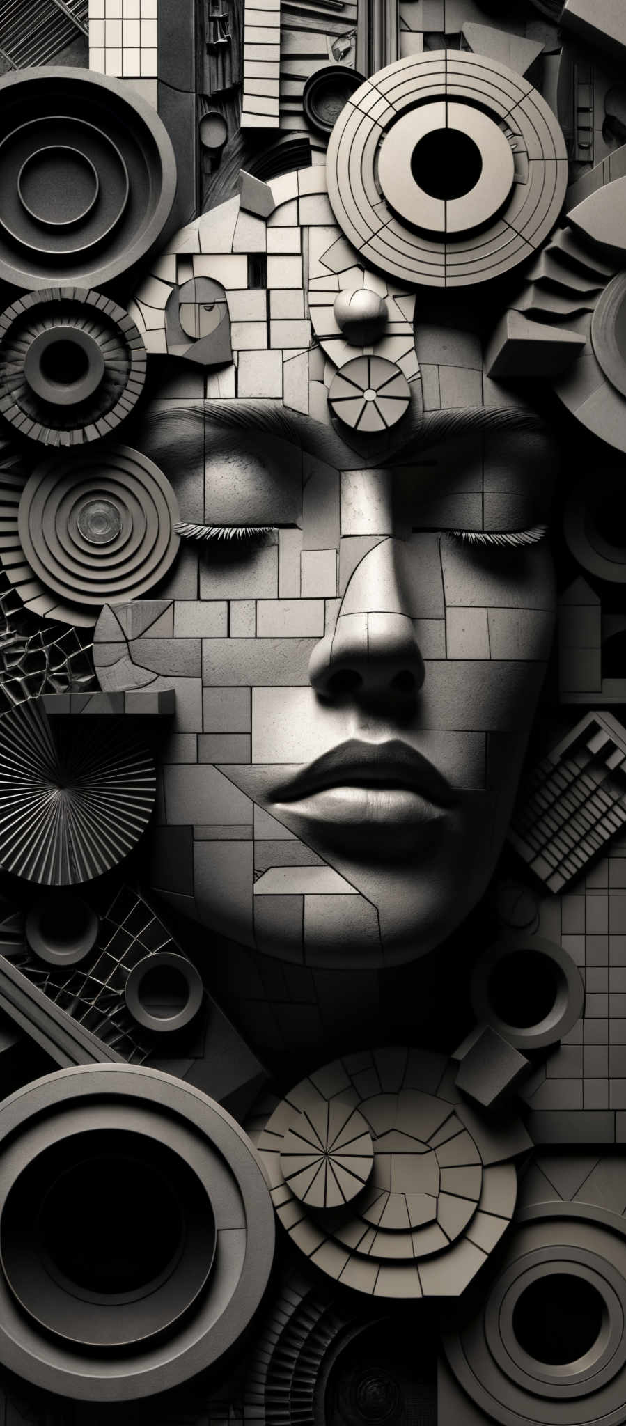 The image showcases a grayscale artwork with intricate details. It features a human face, seemingly composed of various geometric and circular shapes. The face is surrounded by a plethora of these shapes, including circles, rectangles, and other geometric patterns. The eyes are closed, and the lips are slightly parted. The overall composition gives an impression of a mosaic or an abstract representation of human thought or emotion.