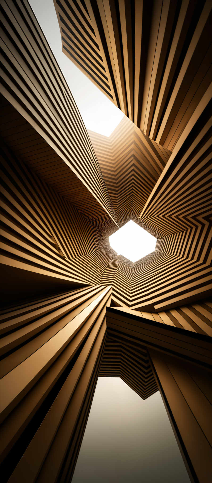 The image showcases a captivating architectural design. It features a series of intertwined, parallel lines creating a mesmerizing pattern that converges towards a central point. The color palette is dominated by warm hues of gold and brown, which contrast beautifully with the lighter background. The design appears to be a part of a building or structure, with the perspective suggesting a view from the bottom looking upwards.