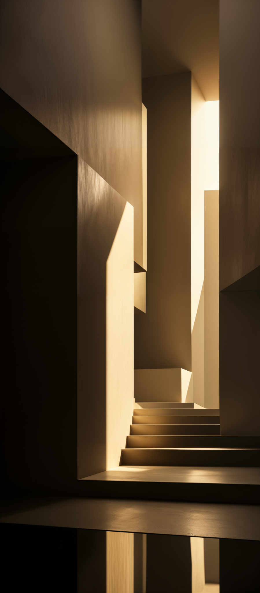 The image showcases a minimalist architectural setting with a predominant use of warm and neutral tones. The primary colors are shades of beige, brown, and gold. The architecture features geometric shapes, such as rectangles and squares, with some overlapping and intersecting forms. The most striking feature is the play of light and shadow, creating a dramatic contrast between illuminated and shadowed areas. The light source seems to be coming from the top right, casting a golden hue on the walls and reflecting off the floor, creating an almost ethereal ambiance.