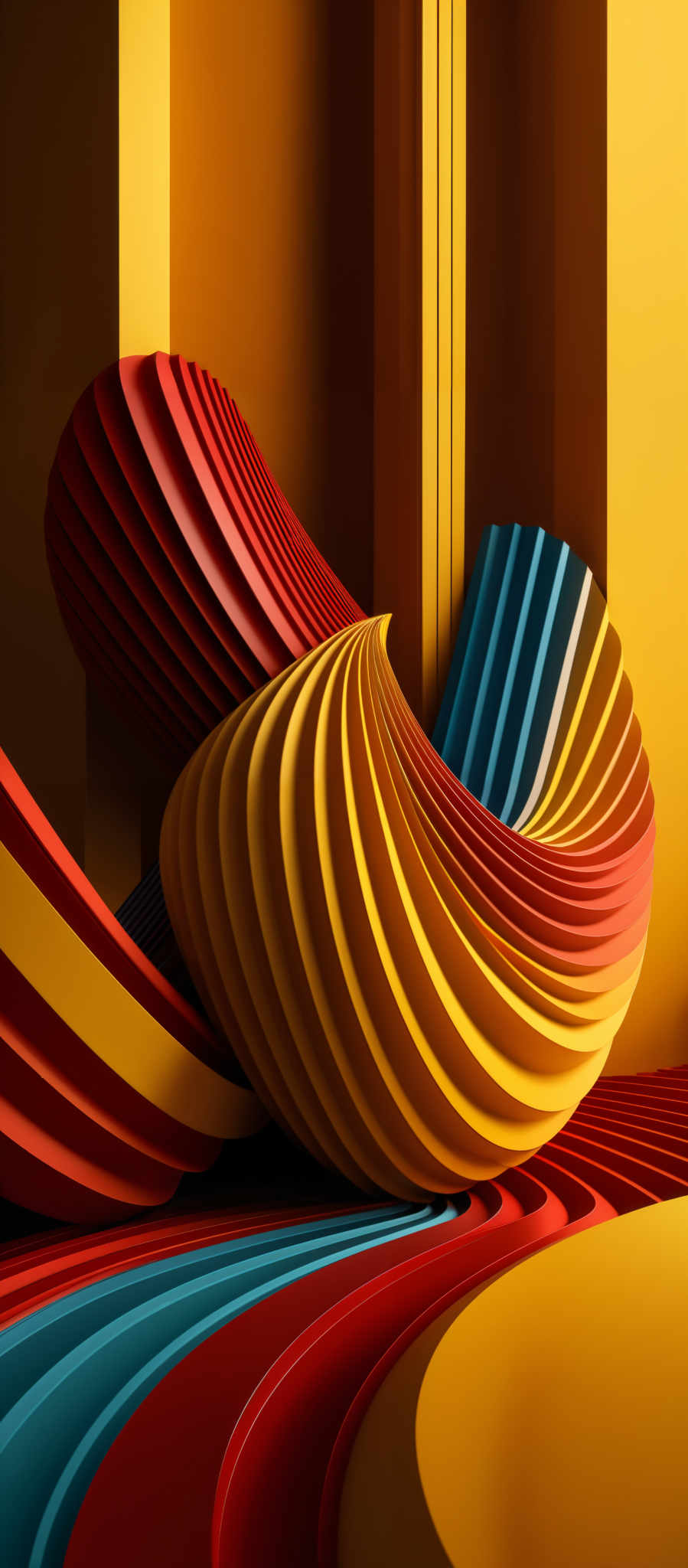 The image showcases a vibrant and dynamic composition of intertwined, layered, and curved structures. The dominant colors are shades of red, yellow, and blue. The shapes are reminiscent of spirals and waves, with each layer appearing as if it's made of a ribbon or band that's been sliced and twisted. The interplay of these shapes creates a sense of movement and fluidity, as if the structures are in a state of constant motion.