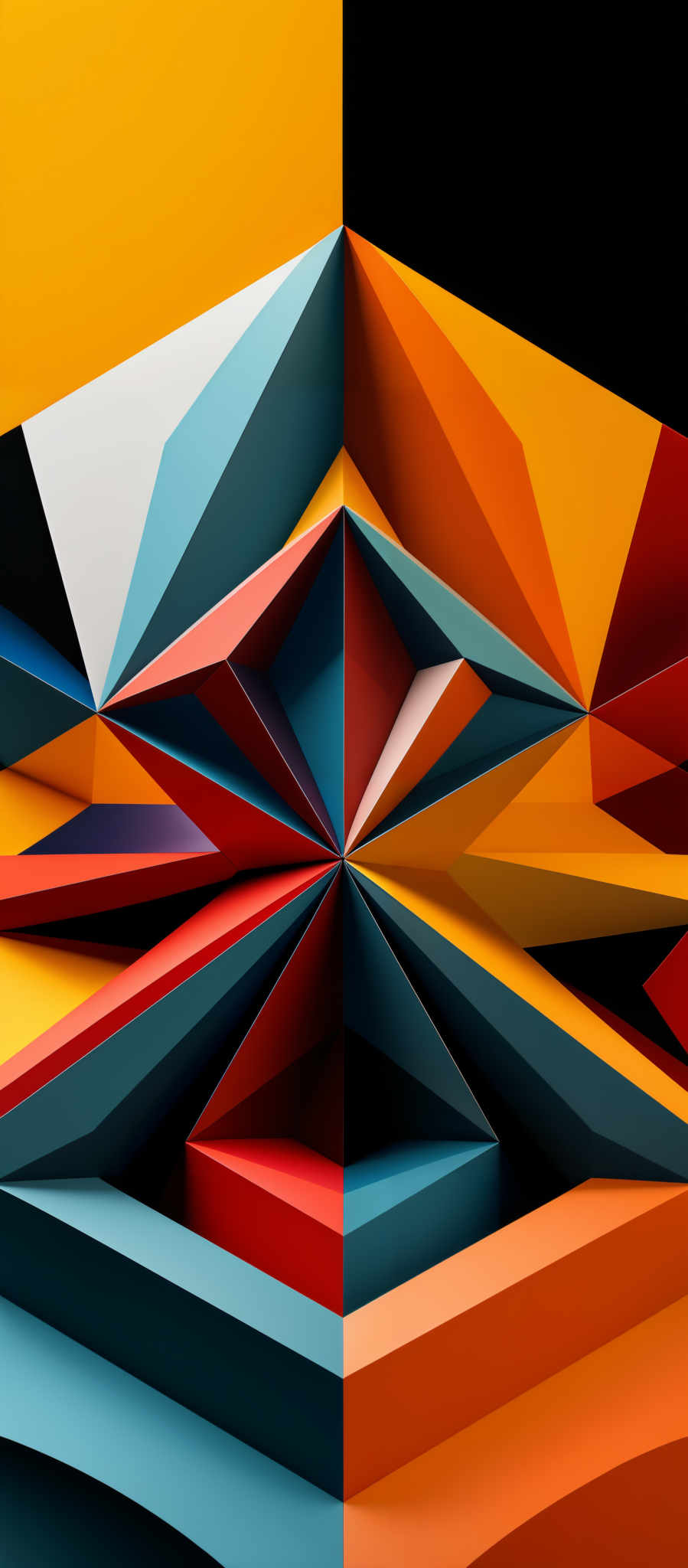 The image showcases a vibrant and intricate geometric design. It features a plethora of colors including yellow, blue, red, orange, and black. The shapes are predominantly triangular, with each triangle having multiple facets, giving it a multi-dimensional appearance. The design appears to be a 3D representation, with layers and overlaps creating depth and dimension. The juxtaposition of colors and the complexity of the shapes give the image a modern and dynamic feel.