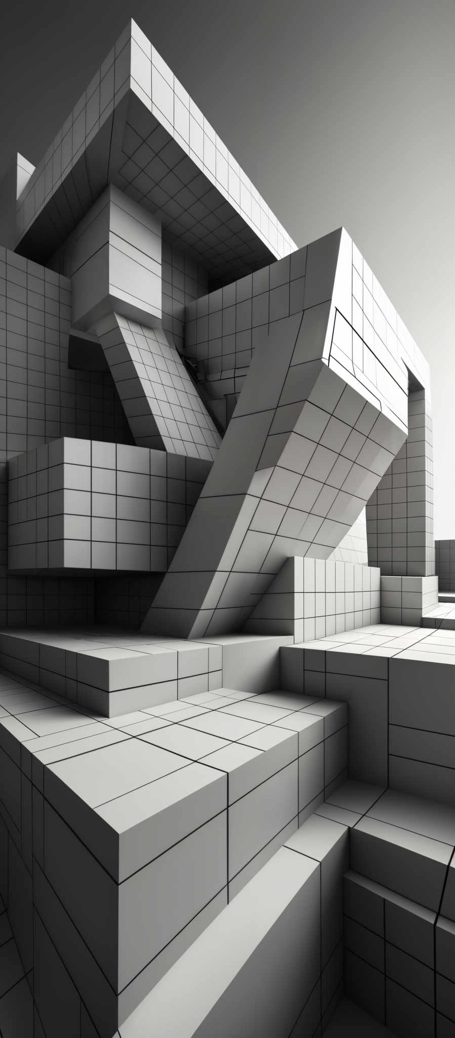 The image showcases a three-dimensional architectural structure made up of interconnected blocks. The blocks are predominantly white with black grid lines. The structure is complex, with multiple overlapping and protruding sections, creating an intricate and modern design. The perspective of the image emphasizes the depth and complexity of the structure, with shadows and highlights adding depth to the design.