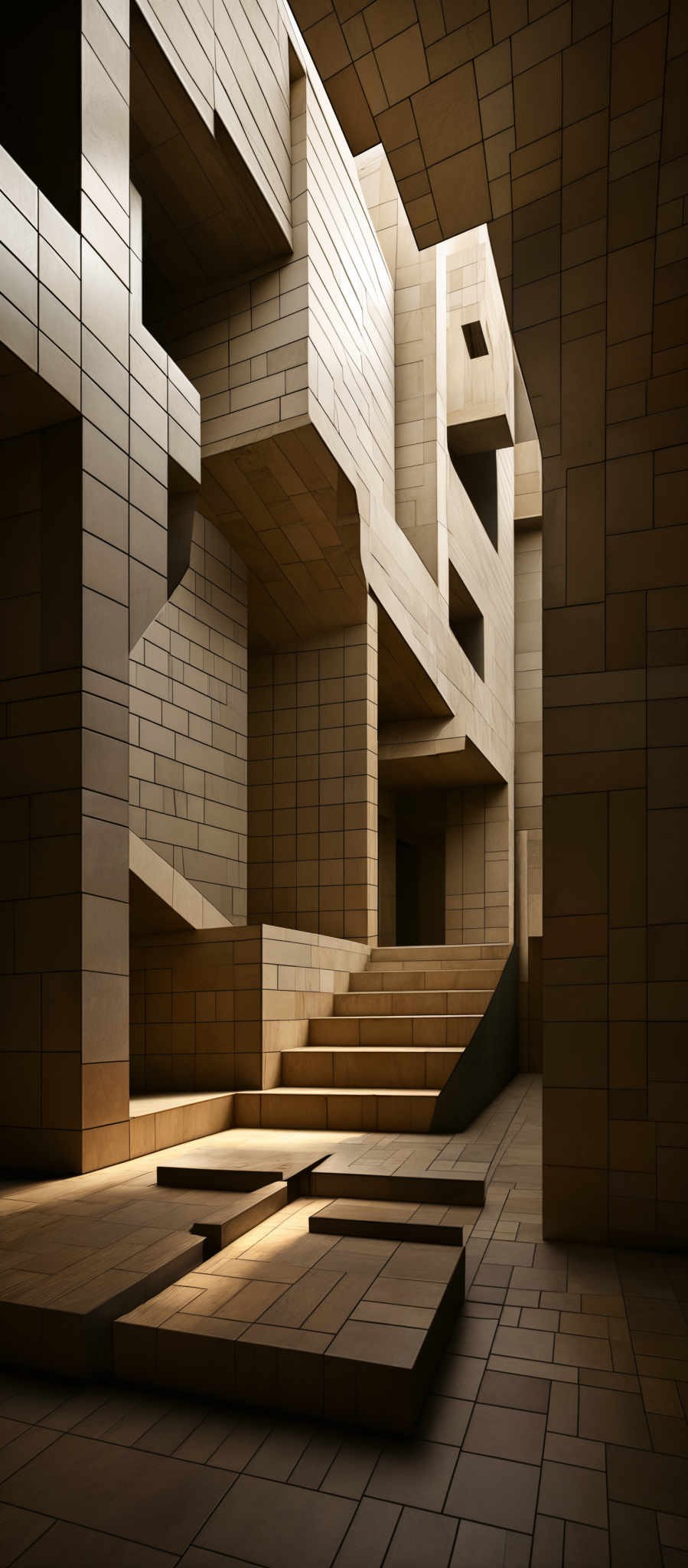 The image showcases an architectural space with a predominantly beige or light brown color palette. The structure is composed of interconnected rectangular and square blocks, creating an intricate maze of pathways and staircases. The lighting casts shadows, emphasizing the geometric patterns and adding depth to the scene. The overall ambiance is one of minimalism and geometric complexity.