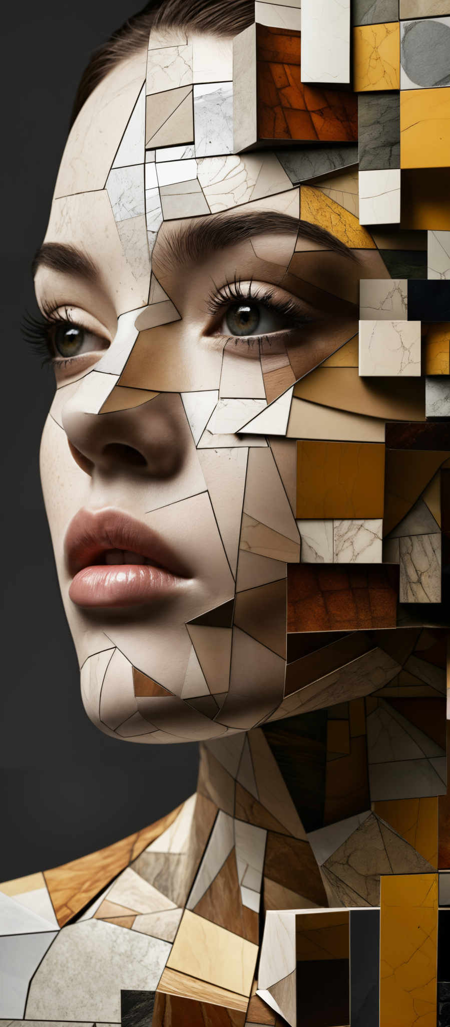 The image showcases a fragmented, geometric representation of a human face. The face is divided into a myriad of rectangular and square pieces, each with a unique color palette ranging from earthy browns, beiges, and whites to deeper shades of amber and gold. The pieces are arranged in a way that they seem to form the contours and features of the face, such as the eyes, nose, and lips. The background is a muted gray, which accentuates the vibrancy of the colors on the face fragments.