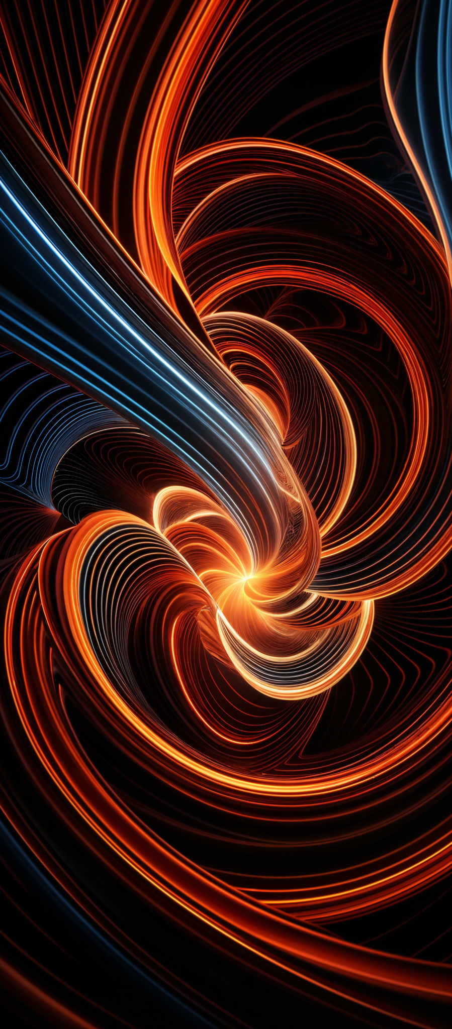 The image showcases a vibrant and dynamic swirl of colors. The dominant colors are deep oranges, fiery reds, and cool blues. The swirls are intricate and spiral-like, creating a sense of movement and energy. The shapes are fluid and organic, resembling flowing streams or waves. The overall composition gives an impression of a whirlpool or vortex, with the colors and shapes intertwining and converging towards a central point.