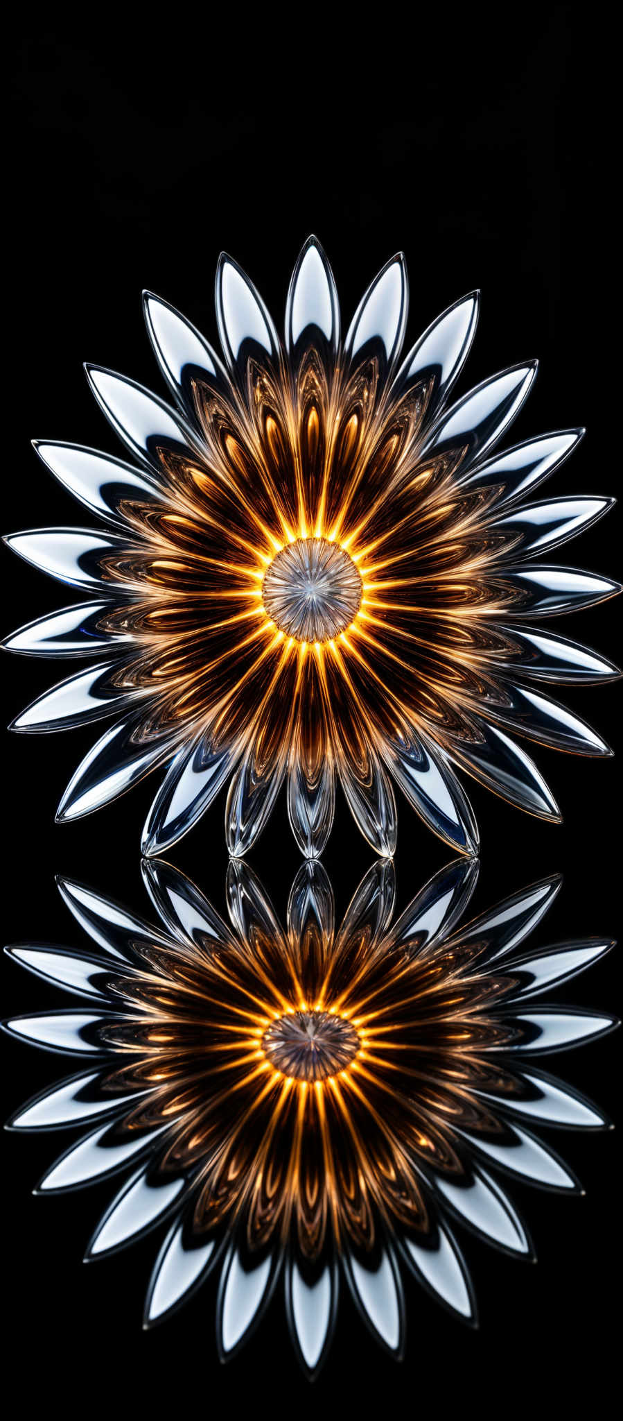 The image showcases a symmetrical, flower-like structure with sharp, elongated petals radiating outwards. The petals are translucent with a reflective quality, allowing them to capture and reflect the surrounding light. The center of the flower emits a bright, glowing orange-yellow light, contrasting with the dark background. The entire structure is mirrored perfectly below it, creating a symmetrically balanced visual effect.