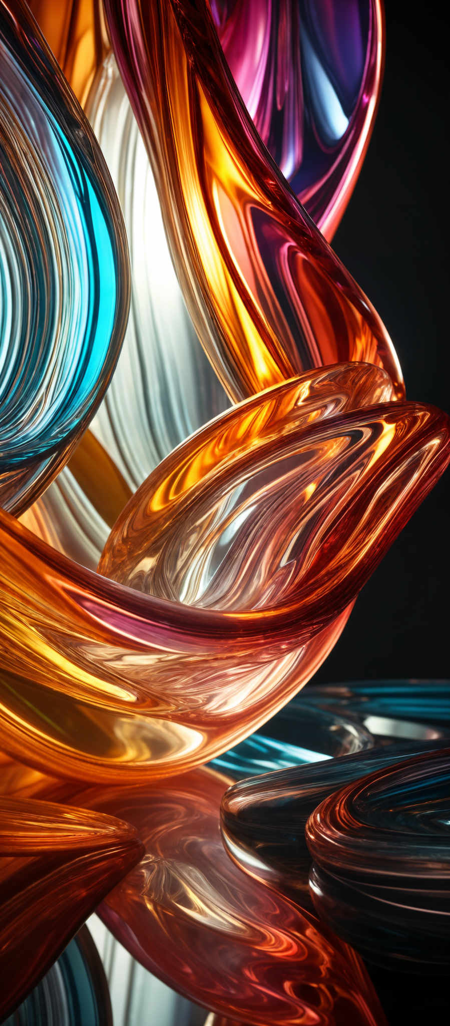 The image showcases a vibrant and dynamic abstract composition. It features swirling patterns of various colors, including deep blues, fiery oranges, and rich purples. The shapes are fluid and organic, resembling liquid or molten substances. The interplay of light and shadow gives depth and dimension to the shapes, creating a sense of movement and dynamism.