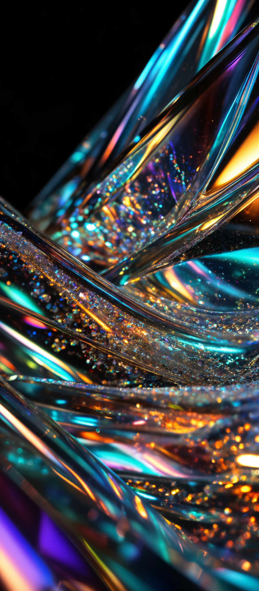 The image showcases a vibrant and intricate pattern of glass or crystal-like structures. These structures have a glossy finish, reflecting a myriad of colors including blues, purples, oranges, and yellows. The shapes are curved and intertwined, creating a wave-like or spiral pattern. The details are so fine that one can observe tiny specks or particles embedded within the structures, possibly representing glitter or tiny crystals.