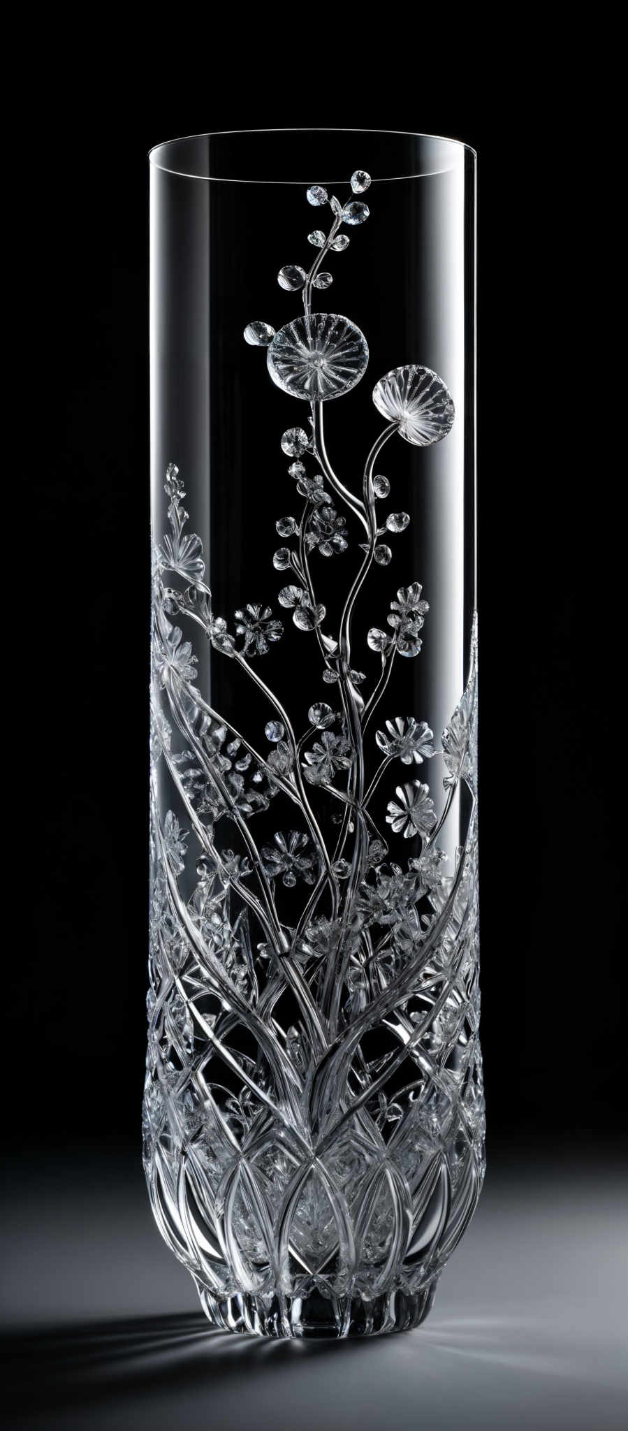 The image showcases a clear glass vase with intricate designs etched onto it. The vase is cylindrical in shape with a wide opening at the top. The design on the vase consists of delicate floral patterns, including flowers and leaves, which are etched in a detailed manner. The patterns are symmetrical and appear to be inspired by nature. The base of the vases has a lattice-like design, adding depth and texture to the overall appearance.