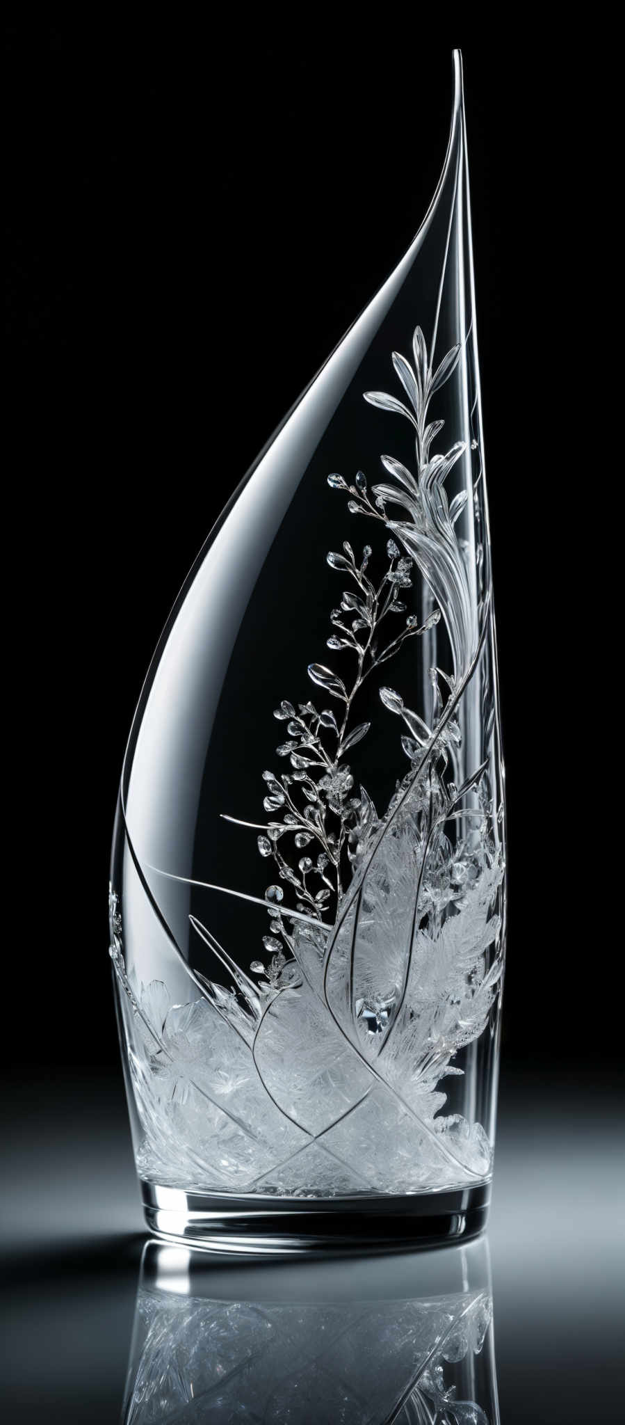 The image showcases a clear, teardrop-shaped glass vase. Inside the vase, there's intricate glasswork that appears to depict frost-covered plants or trees. The frost gives the glasswork a delicate, frozen appearance, and the vases are placed against a dark background, emphasizing their translucence and detail.