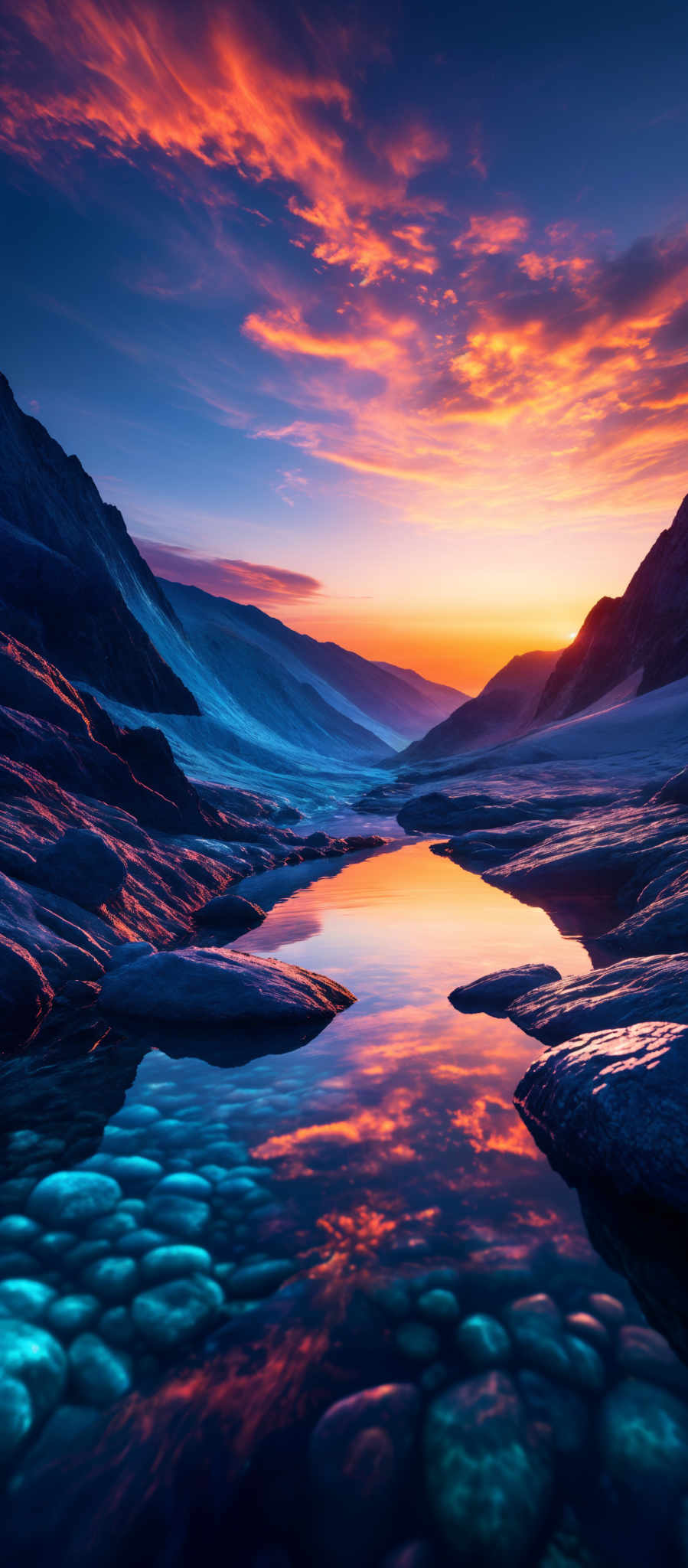 The image showcases a breathtaking landscape during sunset or sunrise. The sky is painted with hues of orange, red, and blue, with dramatic cloud formations illuminated by the sun. The mountains in the background are covered in snow, and their silhouettes are contrasted against the vibrant sky. In the foreground, there's a serene body of water reflecting the colors of the sky. The water's surface is calm, revealing a pattern of stones or boulders beneath. The stones have a unique glow, possibly due to bioluminescence or a reflection from the surrounding environment.