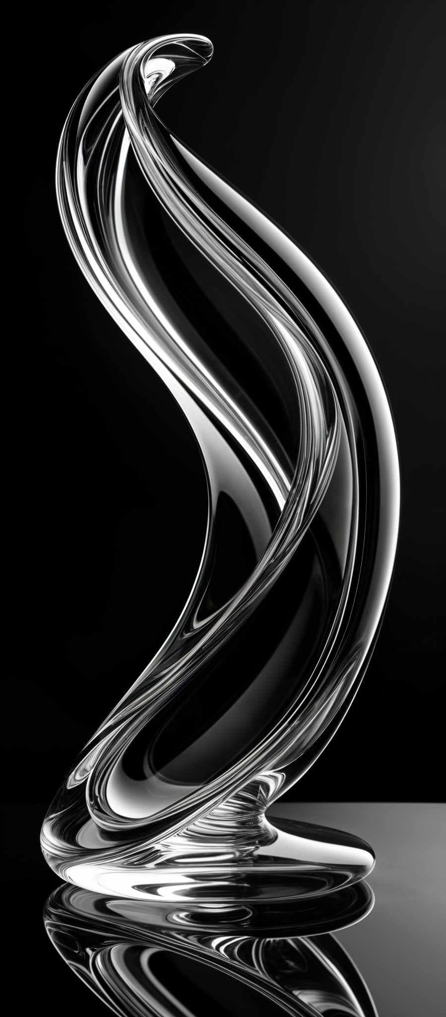 The image showcases a clear, spiraling, and swirling sculpture made of what appears to be glass or a similar transparent material. The sculpture is intricately designed with curves and loops, creating a fluid and dynamic appearance. The background is dark, which accentuates the sculpture's reflective properties and gives it a glowing appearance.