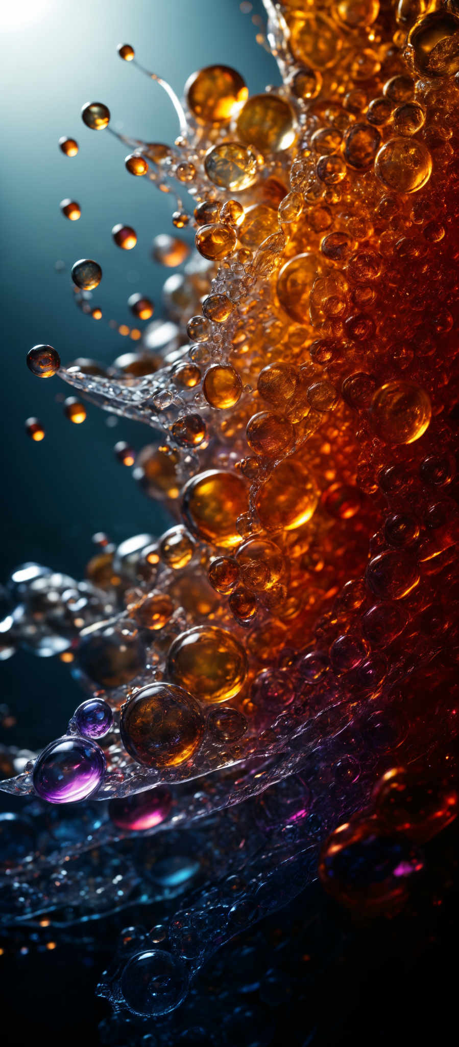 The image showcases a mesmerizing array of bubbles, varying in size and shape. They are predominantly amber and golden in color, reflecting light and giving them a shimmering appearance. Some bubbs are larger and more spherical, while others are smaller and have a more elongated or irregular shape. The background is dark, which accentuates the luminosity of the bubbles, making them appear as if they are floating in a vast expanse of space or a deep ocean.