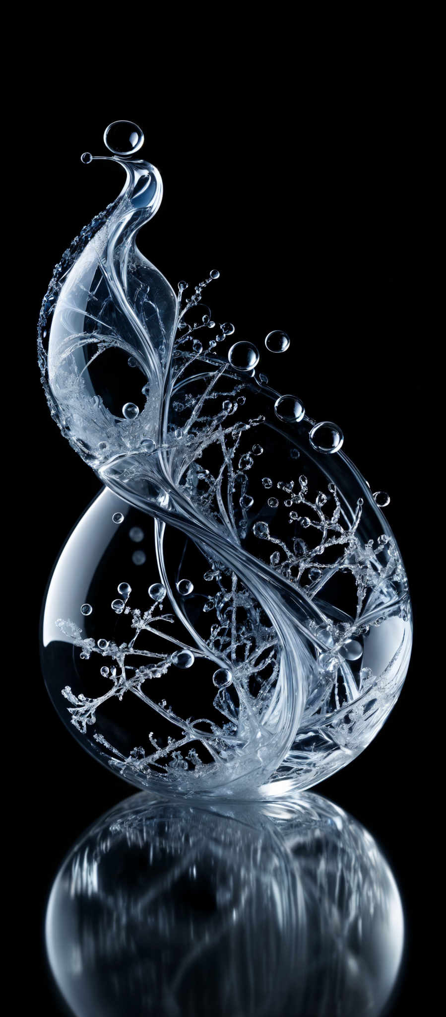 The image showcases a translucent, swirling sculpture that appears to be made of glass or a similar material. It has a fluid, wave-like shape, with intricate details resembling frozen water droplets or ice formations. The sculpture is predominantly clear with hints of blue, and it is set against a dark background, which accentuates its luminescence and form.