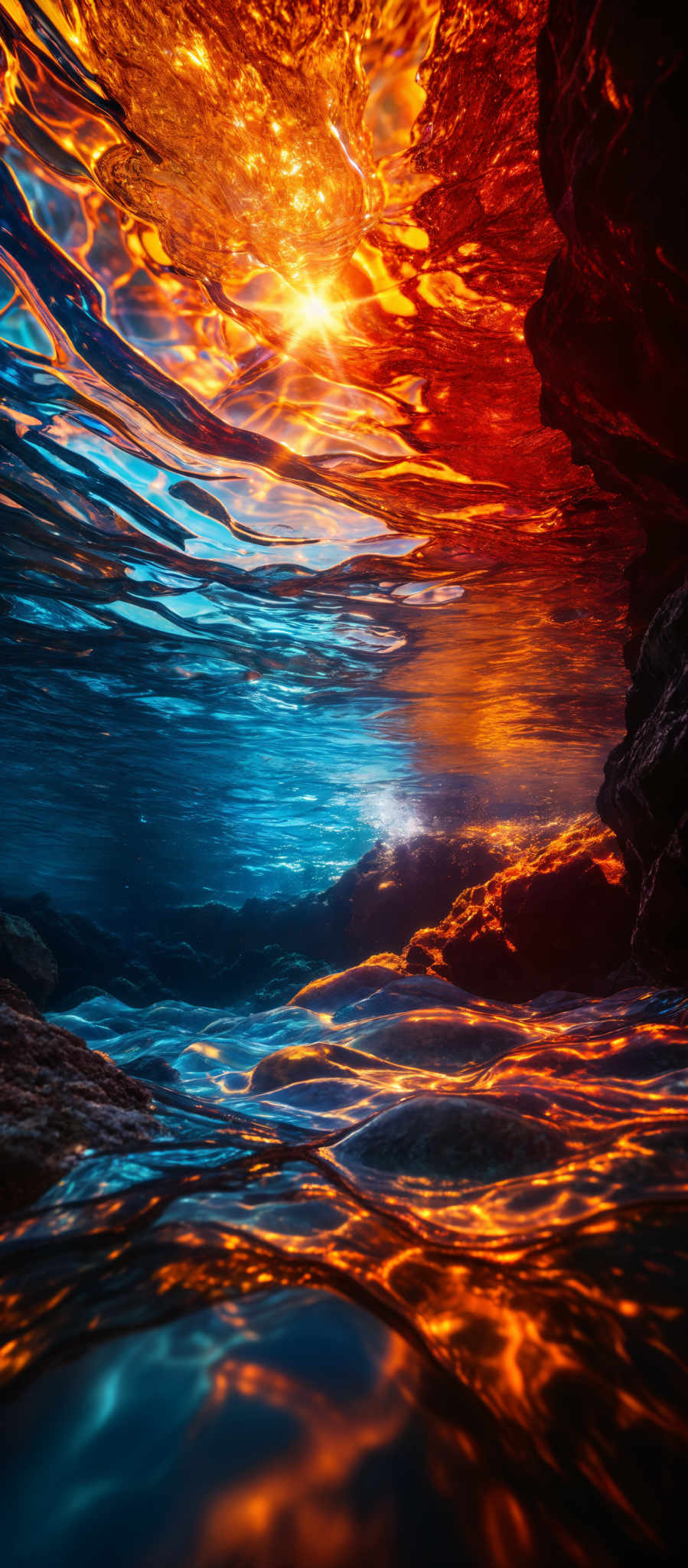 The image showcases a mesmerizing underwater scene. The water is clear, allowing us to see the rocks beneath. The sunlight penetrates the water, creating a vivid play of colors. The top portion of the image is dominated by fiery red and orange hues, reminiscent of molten lava or a sunset. As we move downwards, the water takes on a deeper blue shade, reflecting the vastness of the ocean. The rocks beneath are dark, providing a stark contrast to the luminous water above. The overall effect is both captivating and surreal, as if one is gazing into another world beneath the waves.