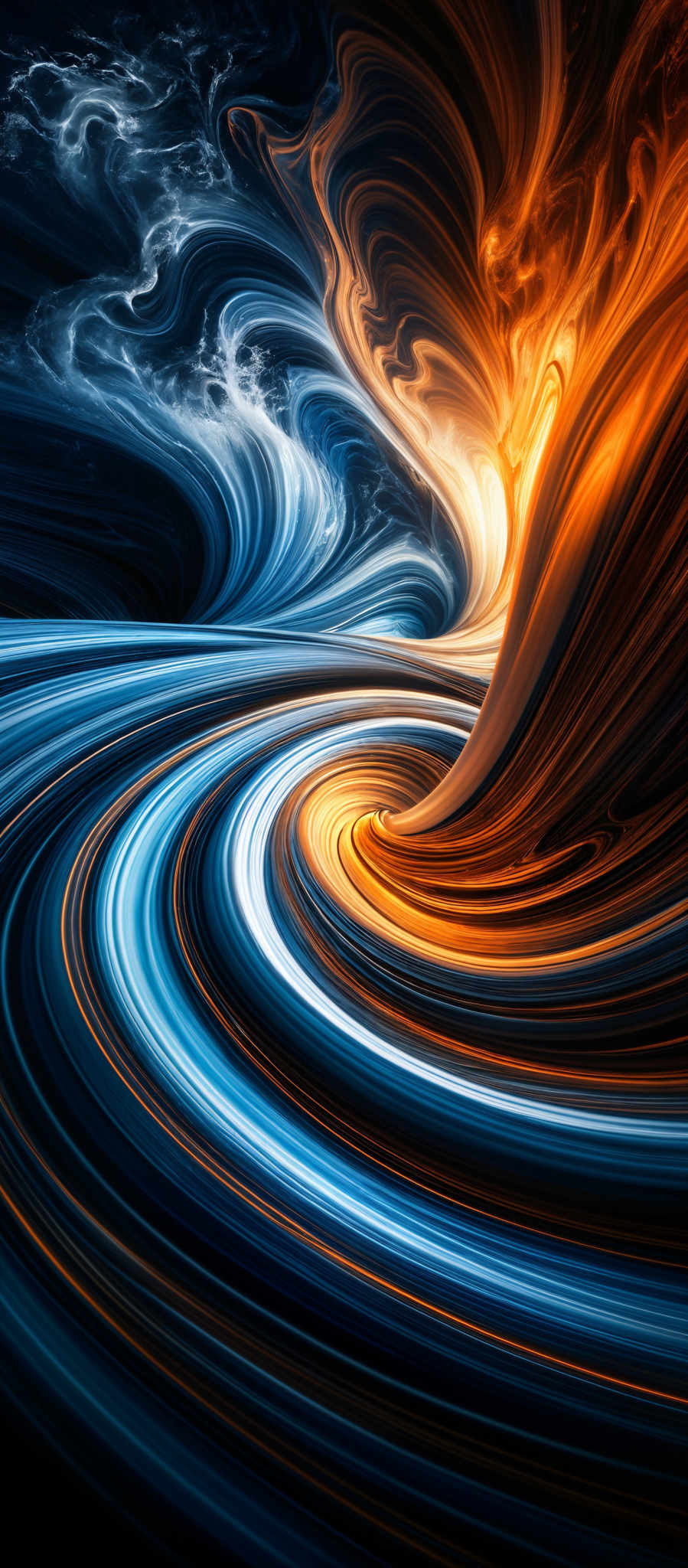 The image showcases a mesmerizing swirl of colors. The dominant colors are deep blue, fiery orange, and white. The swirls are fluid and wavy, resembling the flow of water or the movement of molten lava. The blue swirls seem to represent cooler, calming elements, while the fiery red-orange swirls evoke a sense of warmth and energy. The white streaks interspersed between the swirls give a sense that they are moving or flowing, adding to the dynamic nature of the image, as if captured in a moment of intense movement or transformation.