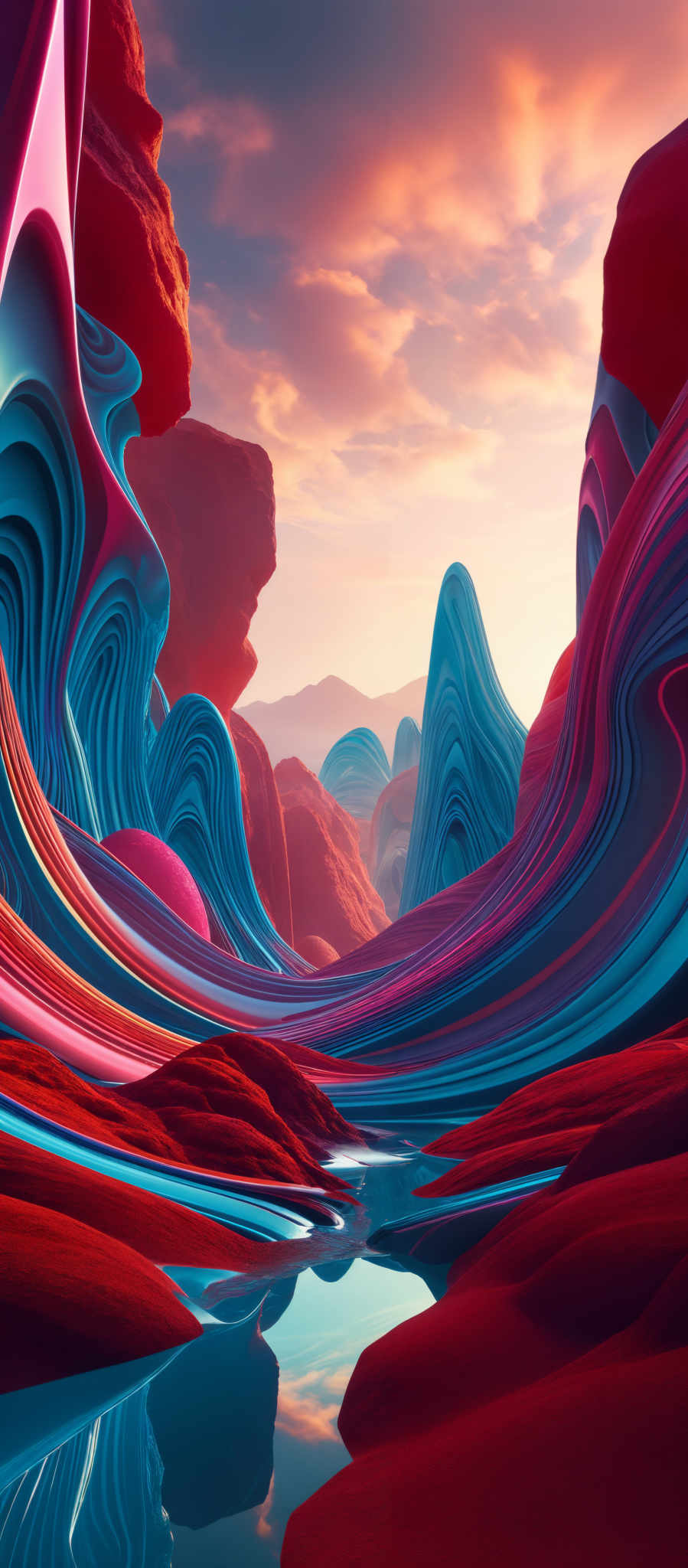 The image showcases a surreal landscape with swirling patterns of vibrant colors. The dominant colors are shades of red, blue, and pink. The shapes are fluid and wavy, resembling flowing water or sand dunes. The scene appears to be a canyon or a rock formation with intricate patterns and undulating forms. The sky above is painted in hues of orange and pinks, suggesting either a sunrise or sunset.