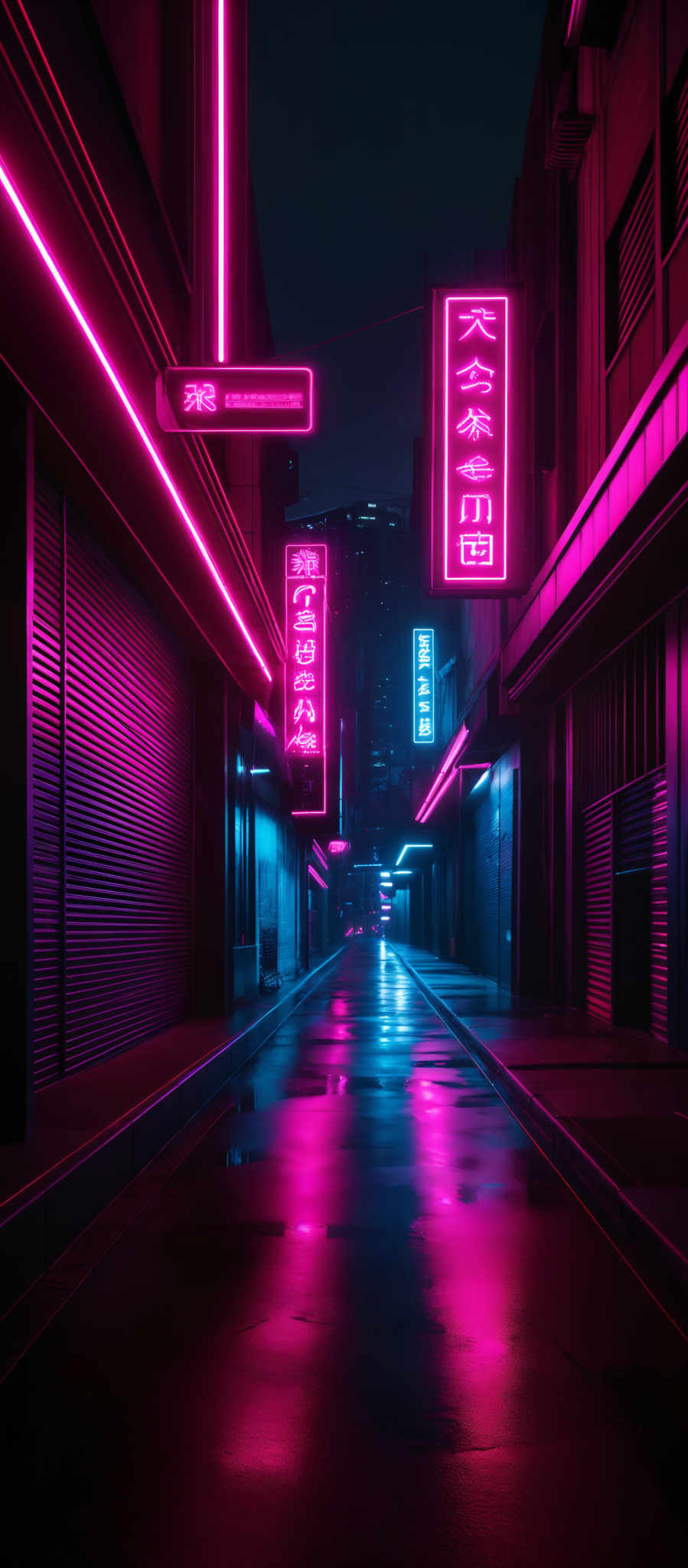 The image predominantly features a neon pink and purple color scheme. The scene depicts a street, possibly in an urban setting, illuminated by neon signs. The street appears wet, reflecting the neon lights and the surrounding buildings. The neon signboards display various characters, possibly indicating businesses or establishments. The overall ambiance of the image is moody and atmospheric, reminiscent of a cyberpunk or futuristic setting.