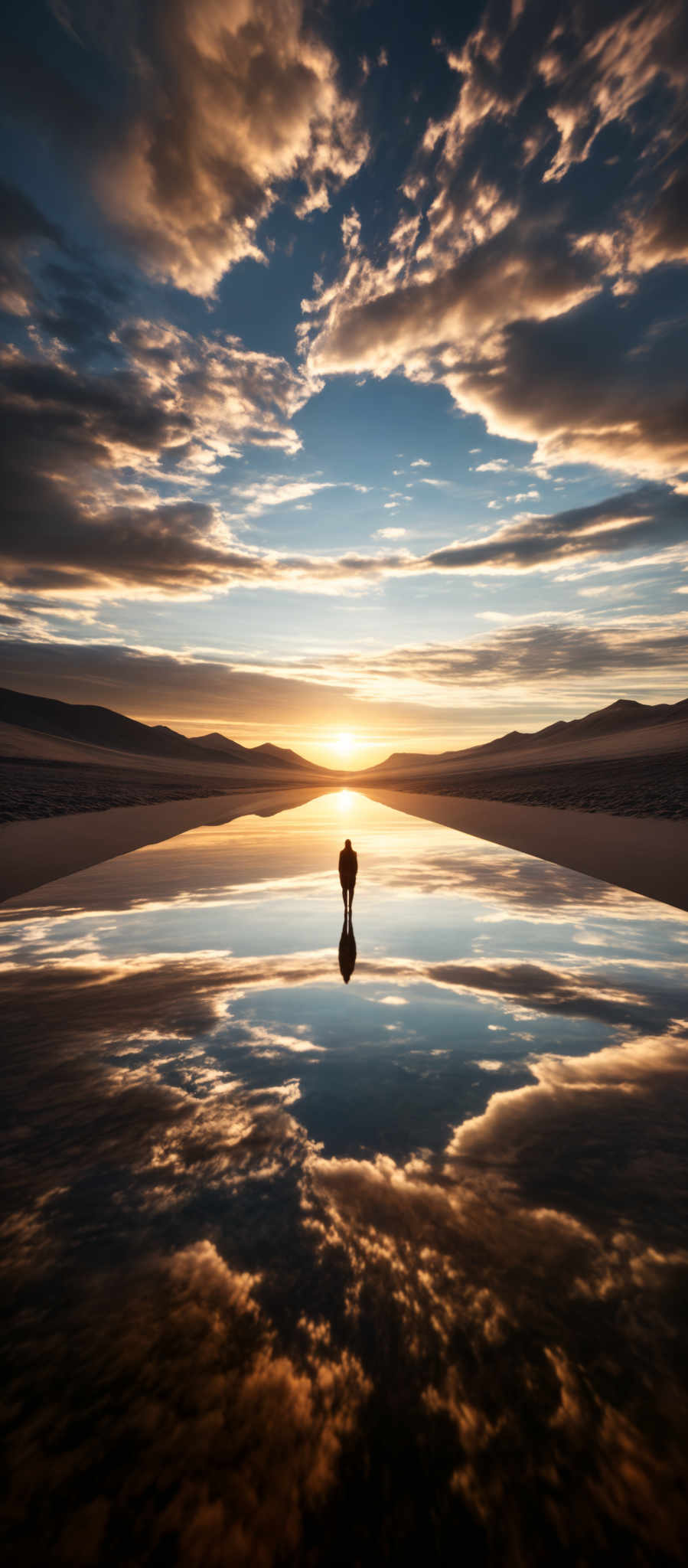 The image showcases a breathtaking landscape during sunset or sunrise. The sky is painted with hues of blue, gold, and orange, with scattered clouds reflecting the sun's light. The horizon is where the sun is positioned, casting a golden glow. Below, there's a calm body of water that perfectly mirrors the sky and clouds, creating a symmetrical view. A lone figure stands on the water, silhouetted against the backdrop of the setting or rising sun. The landscape is flanked by mountains in the distance, and the overall ambiance is serene and tranquil.