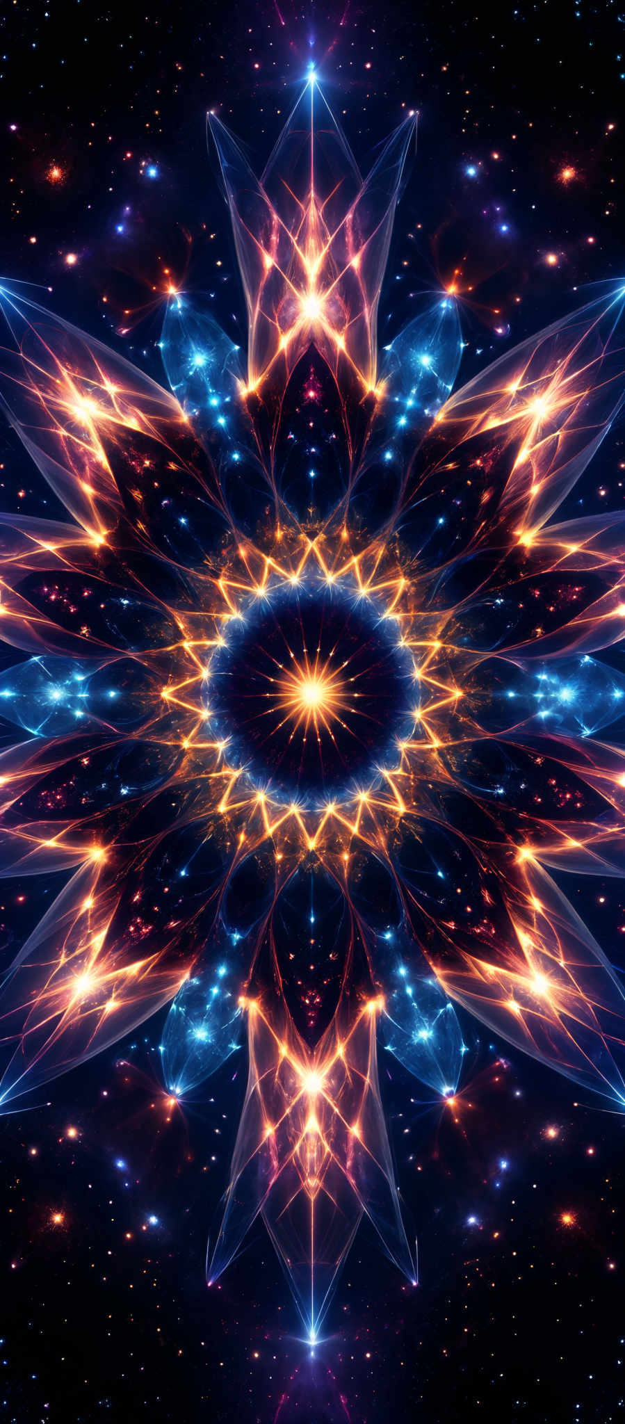 The image showcases a vibrant and intricate cosmic pattern. It features a central star-like entity radiating bright light, surrounded by symmetrical, geometric shapes that resemble petals or wings. These shapes are adorned with a mix of colors, including deep blues, fiery oranges, and radiant purples. The background is filled with a deep space theme, dotted with distant stars and nebulae, adding to the ethereal and mysterious ambiance of the image, making it reminiscent of a celestial mandala.