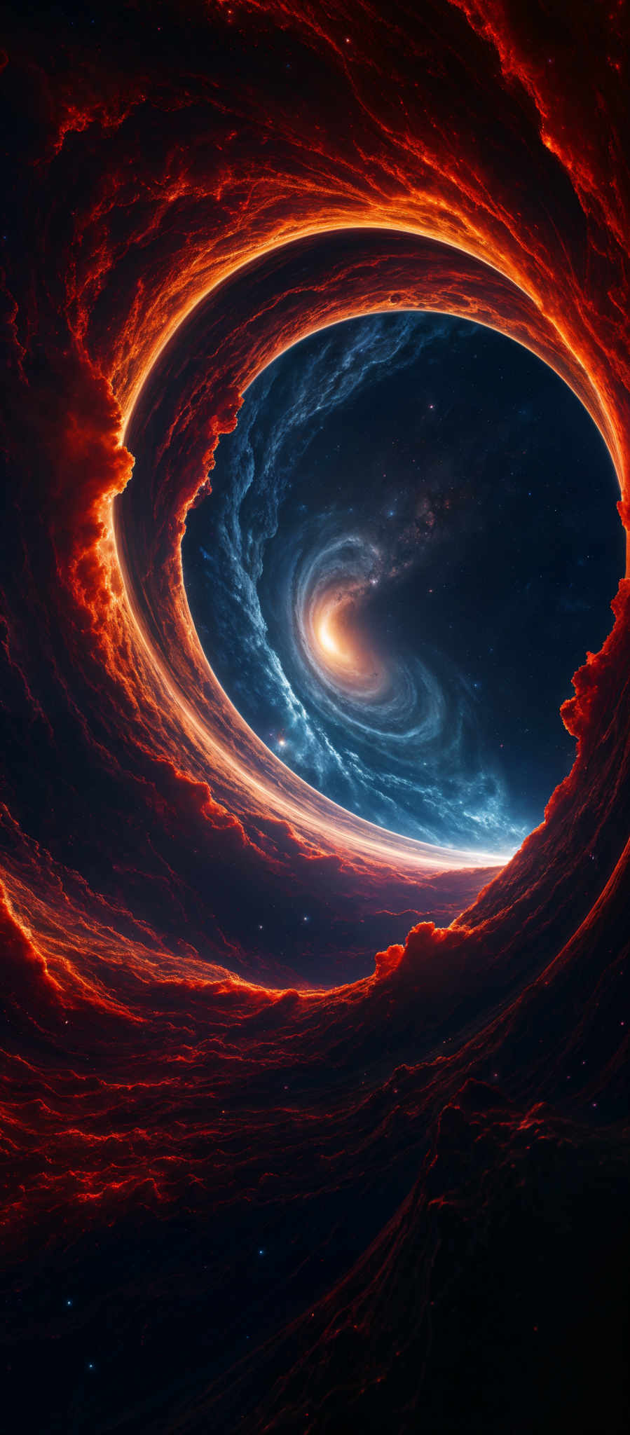 The image showcases a mesmerizing cosmic scene. Dominating the foreground is a swirling vortex of fiery red and orange clouds, reminiscent of a tornado or a celestial vortex. This vortex seems to be drawing everything into its center. Beyond the vortex, there's a breathtaking view of a galaxy with a bright, glowing core. The galaxy is surrounded by a spiral arms filled with stars, gas, and dust. The backdrop is a deep space filled with distant stars, nebulae, and other cosmic entities. The overall color palette is a mix of fierce reds, vibrant oranges,