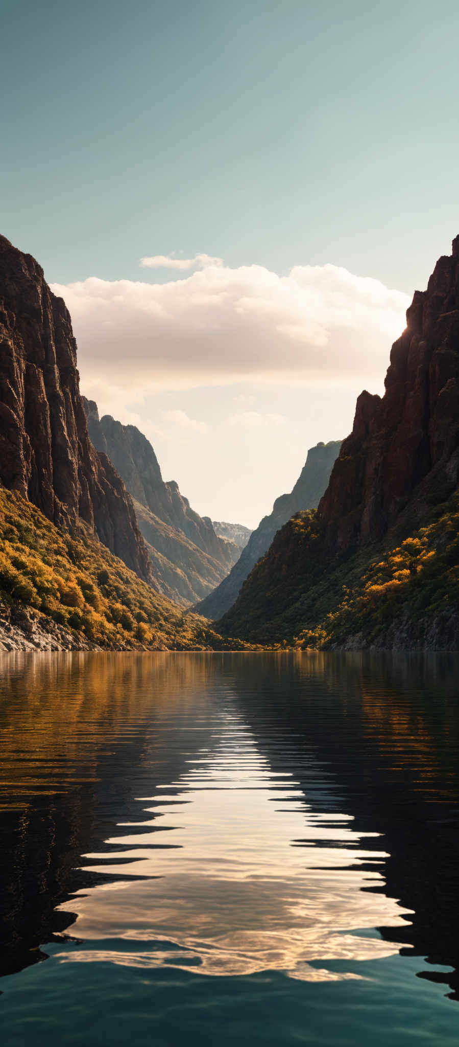 The image showcases a serene landscape with a calm body of water reflecting the surroundings. On either side of the water, there are steep, rugged cliffs or mountains with a reddish-brown hue. The cliffs are adorned with patches of green vegetation, indicating a mix of rocky terrain and vegetative zones. Above, the sky is clear with a few scattered clouds, allowing the sunlight to illuminate the scene. The reflection in the water adds depth and symmetry to the image, making it visually captivating.