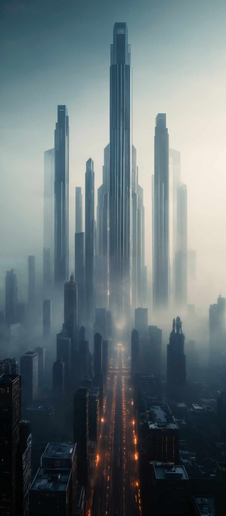 The image showcases a futuristic cityscape with tall, sleek skyscrapers reaching into the sky. The dominant colors are shades of blue and gray, giving the city a cool, misty ambiance. The buildings are cylindrical with reflective surfaces, and they tower over the smaller structures below. The city is enveloped in a thick layer of fog or mist, which adds to the mysterious and ethereal feel of the scene. The streets below are illuminated with a warm, golden glow, contrasting with the cooler tones of the buildings.