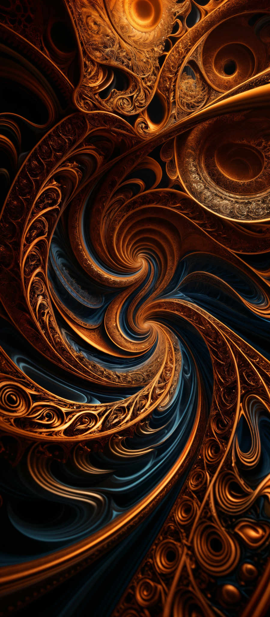 The image showcases intricate and mesmerizing patterns that appear to be a blend of organic and mechanical designs. The dominant colors are deep oranges, golds, and dark blues. The shapes are swirling and intertwined, creating an almost hypnotic effect. The patterns seem to be inspired by both natural elements, like flowing water or swirled sand, and mechanical or steampunk designs, with gears, circles, and other intricate details.