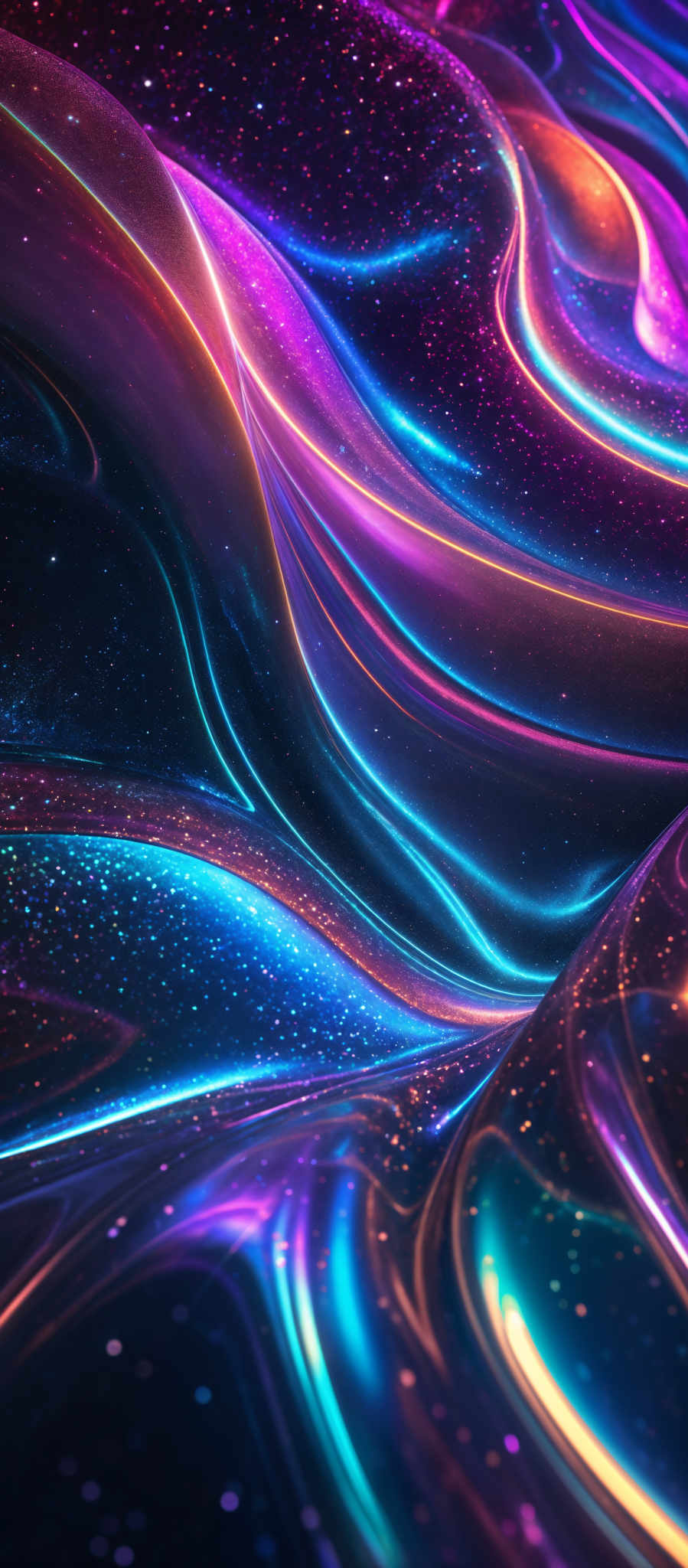 The image showcases a vibrant and mesmerizing abstract design. It features a mix of swirling patterns in hues of purple, blue, and pink. The swirls are reminiscent of liquid or marble, flowing and intertwining with each other. The background is speckled with tiny dots, giving it a cosmic or starry appearance. The overall effect is both visually captivating and dreamlike.