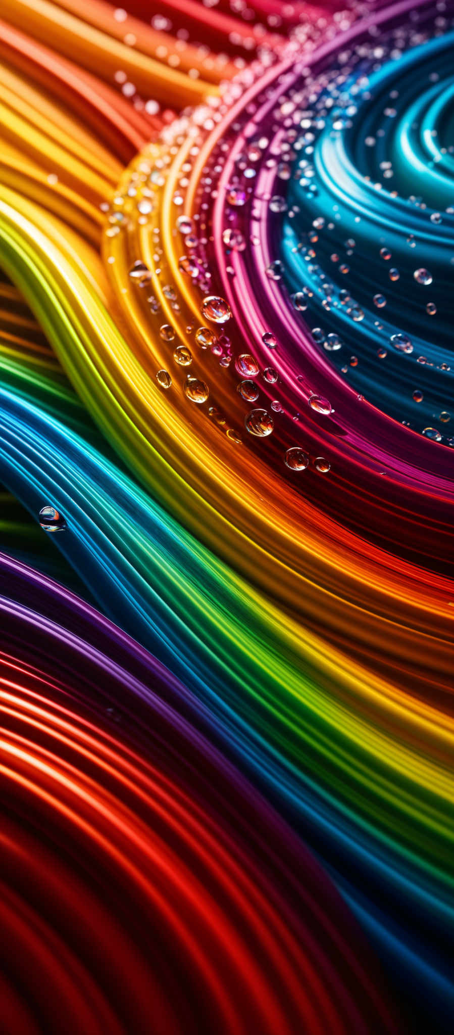 The image showcases a vibrant array of colors, predominantly in the form of wavy, fluid-like structures. These structures are layered in a spiral pattern, transitioning smoothly from one color to another. The colors range from deep reds and purples to bright yellows and blues. The image is also adorned with water droplets that are captured mid-fall, giving the image a fresh and dynamic feel.