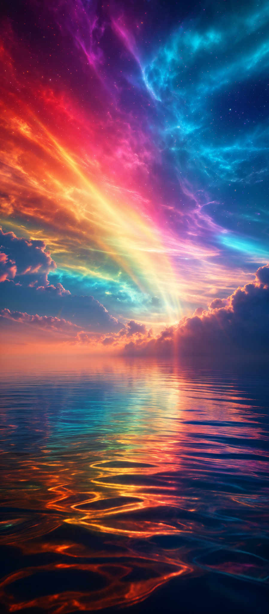 The image showcases a vibrant and colorful scene. The sky is painted with a myriad of colors, including shades of purple, blue, orange, and red. These colors seem to be emanating from a radiant source, possibly a sun or a celestial body, which casts a brilliant light on the clouds below. The clouds are a mix of fluffy white and darker shades, reflecting the colors of the sky. The water below mirrors the sky's colors, creating a symmetrical and mesmerizing effect. The overall ambiance of the image is one of wonder and awe, evoking feelings of serenity and tranquility.