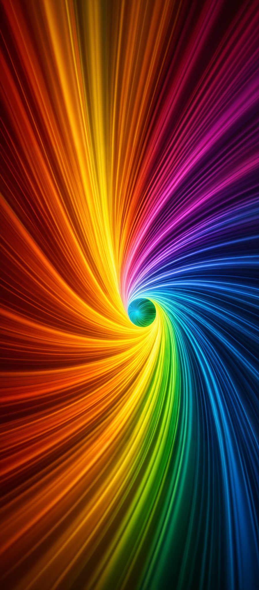 The image showcases a vibrant and dynamic swirl of colors. The colors range from deep reds and oranges at the top, transitioning to yellows, greens, blues, and purples as it moves downwards. The swirl appears to be a vortex or whirlpool, drawing everything towards its center. The lines representing the colors are smooth and flowing, giving a sense of motion and energy.