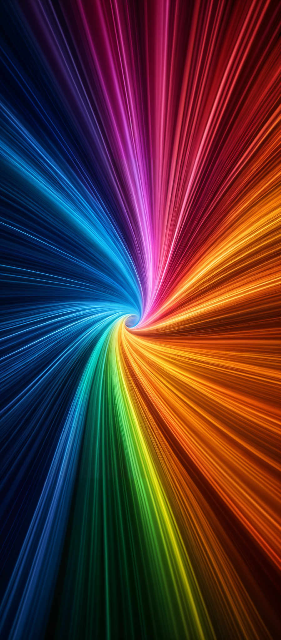 The image showcases a vibrant and dynamic swirl of colors. It features a central vortex that draws the viewer's eye inward, with streaks of light radiating outward in a spectrum of colors including blue, pink, orange, yellow, and green. The colors transition smoothly from one hue to another, creating a visually stunning effect. The shape is reminiscent of a vortex or whirlpool, with the colors spiraling inwards towards a central point.