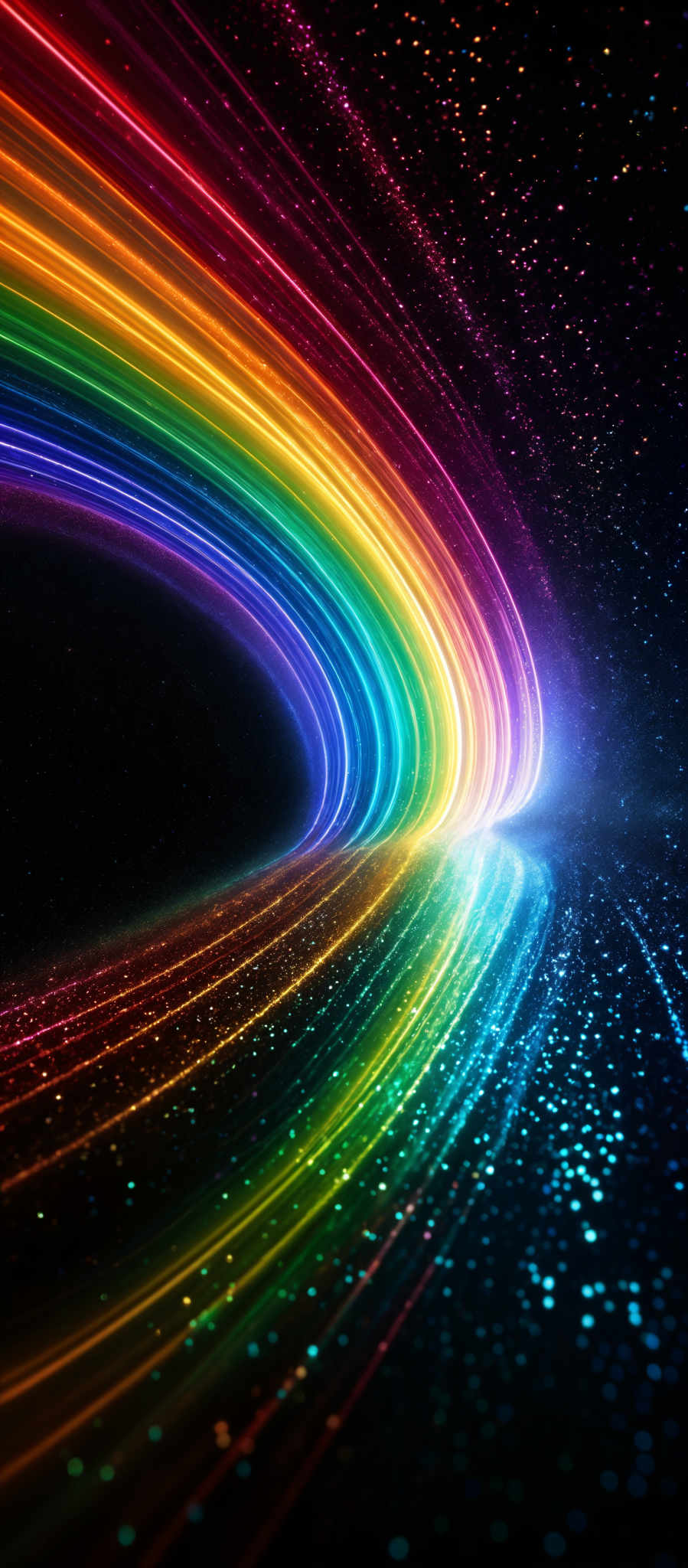 The image showcases a vibrant and mesmerizing spectrum of colors, predominantly in the form of swirling, luminescent lines. These lines form a semi-circular arc, reminiscent of a rainbow or a vortex, and they radiate outward in a gradient of colors. The colors transition smoothly from red at the top, moving through orange, yellow, green, blue, and finally to purple at the bottom. The background is dark, with specks of light, possibly representing distant stars or other celestial bodies, adding depth and contrast to the scene.