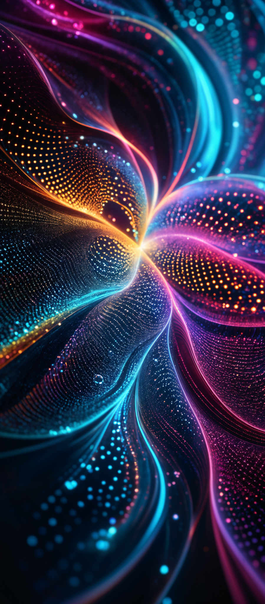 The image showcases a vibrant and intricate design with swirling patterns of colorful lights. The predominant colors are shades of blue, pink, and orange, creating a mesmerizing effect. The swirls are composed of dotted patterns that radiate outwards, giving the image a dynamic and flowing appearance. The overall design gives a sense of depth and movement, reminiscent of a cosmic or nebulous scene.