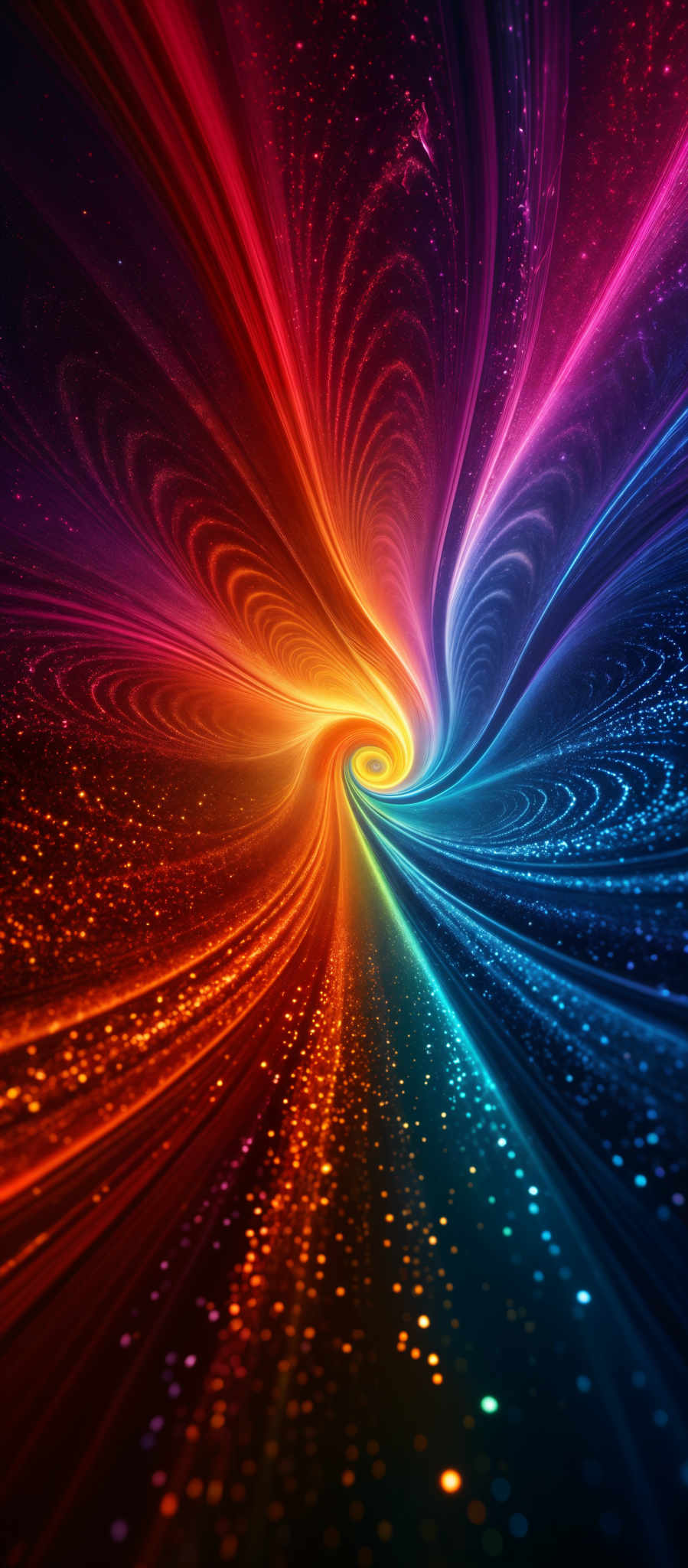 The image showcases a vibrant and mesmerizing swirl of colors. At the center, there's a bright, fiery orange-red spiral that seems to be drawing everything towards it. This spiral is surrounded by a radiant blue and purple hue, creating a sense of depth and dimension. The outer edges of the image are adorned with a dazzling array of multicolored lights, giving the impression of a galaxy or a cosmic event. The overall shape is reminiscent of a vortex or a whirlpool, with the colors and lights swirling in harmonious patterns.