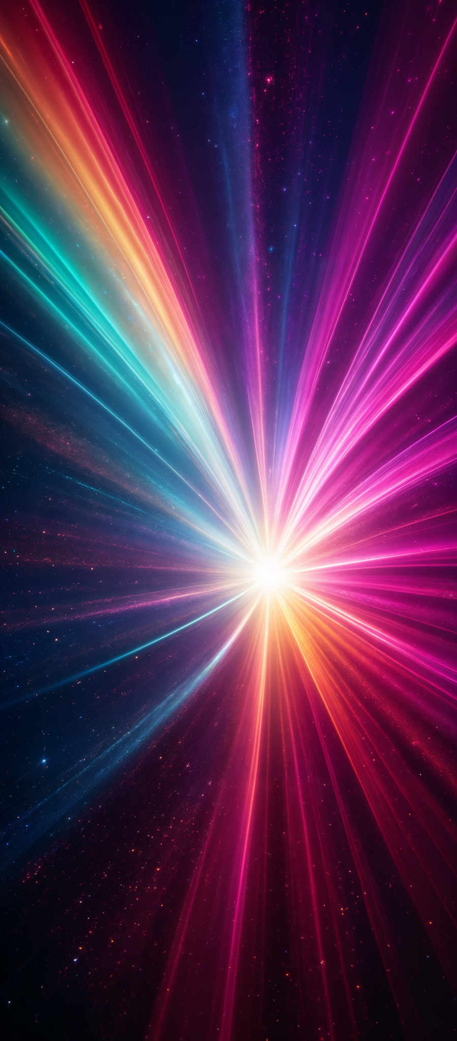 The image showcases a vibrant and mesmerizing display of colors. The central part of the image radiates a bright light, emanating a spectrum of colors including pink, blue, and orange. These colors appear to be streaking outwards in radial lines, creating an effect similar to a burst of energy or a cosmic event. The background is dark, dotted with tiny specks that could be interpreted as distant stars or other celestial bodies.