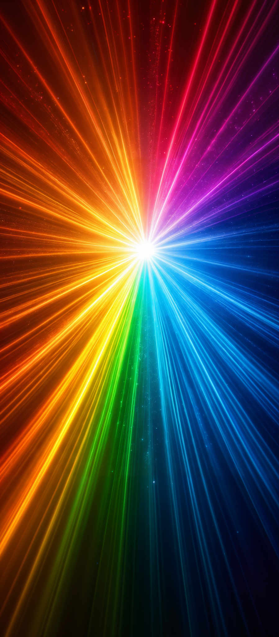 The image showcases a vibrant and radiant display of colors. It features a central point emitting a bright light, surrounded by streaks of light that radiate outwards in a radial pattern. The colors transition smoothly from one hue to another, creating a spectrum that resembles a rainbow. The streaks are vivid and appear to be made of light, giving the image a dynamic and energetic feel.