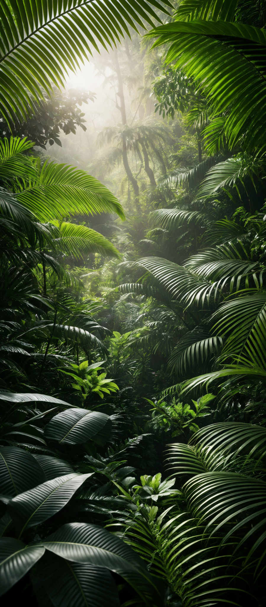 The image showcases a lush, verdant jungle. Dominating the foreground are large, fern-like leaves with a rich green hue. These leaves have a feathery texture and are arranged in an overlapping manner. In the background, there are various other types of plants, including trees with slender trunks and dense foliage. The light filtering through the canopy creates a soft, ethereal glow, casting gentle shadows and illuminating the mist that hangs in the air. The overall color palette is a mix of deep greens, soft whites from the mist, and subtle browns from the tree trunks.