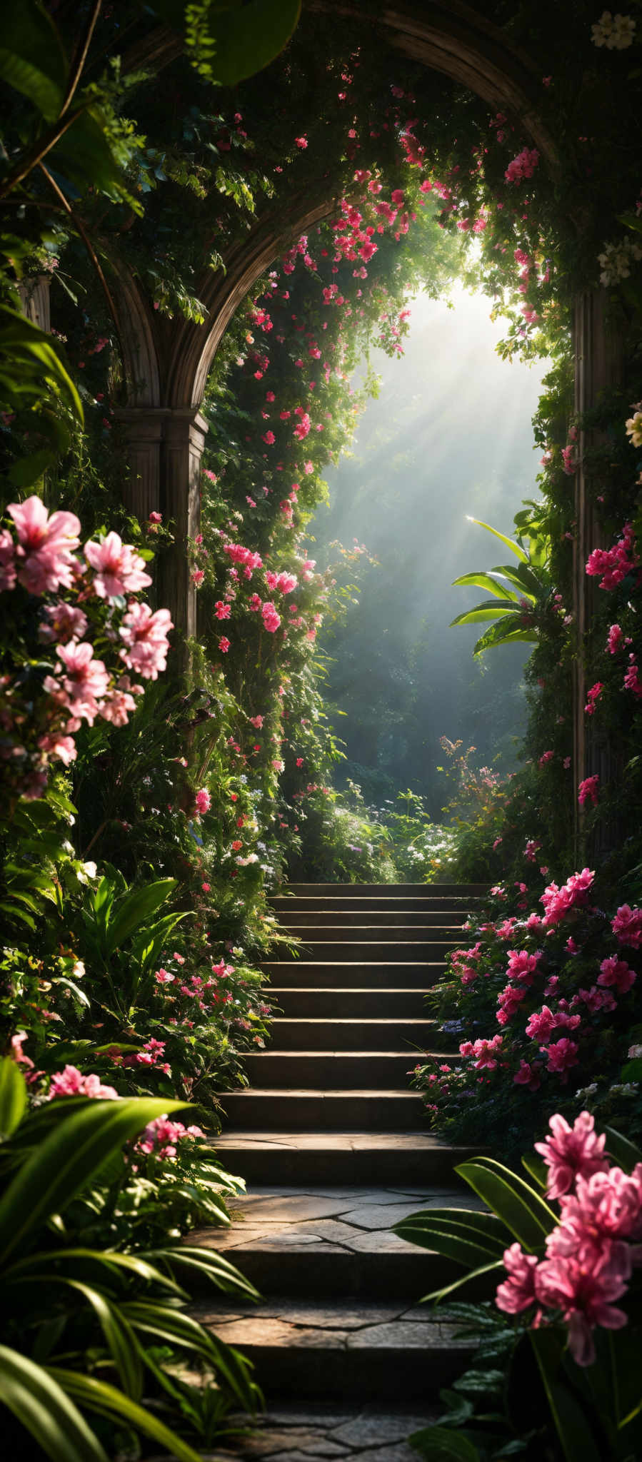 The image showcases a picturesque scene of a garden or park. Dominating the scene are vibrant pink flowers, possibly roses, that are in full bloom. These flowers are complemented by lush green foliage, including large leaves and smaller fern-like plants. An old stone archway, partially covered with the same pink blossoms, serves as a focal point. This archway is flanked by stone steps leading upwards, suggesting a pathway or staircase. The sunlight filtering through the foliages creates a soft, ethereal glow, casting gentle shadows and adding to the overall serene ambiance of the scene.