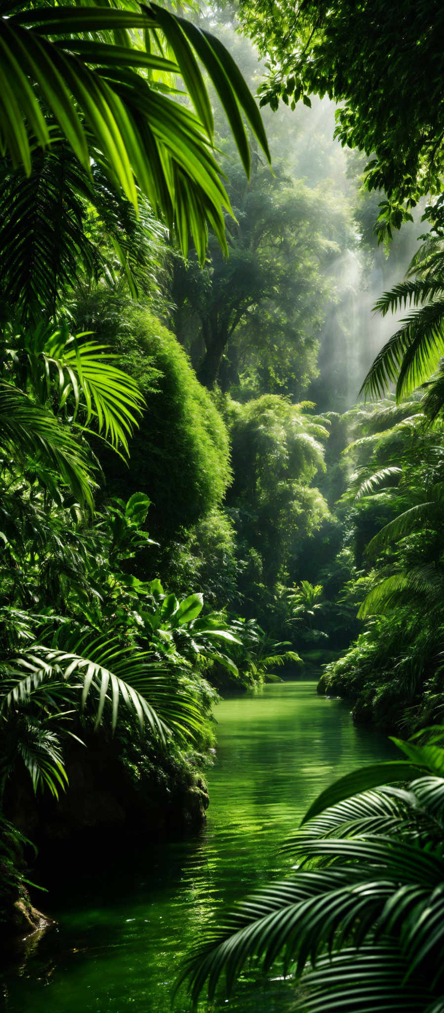 The image showcases a lush green forest with tall trees and dense foliage. The dominant colors are various shades of green, from light to dark. The trees have a broad and rounded shape, with their leaves displaying a feathery texture. The forest floor is covered with ferns and other undergrowth, and there's a serene body of water in the foreground reflecting the surrounding greenery. Sunlight filters through the canopy, creating a misty and ethereal atmosphere.