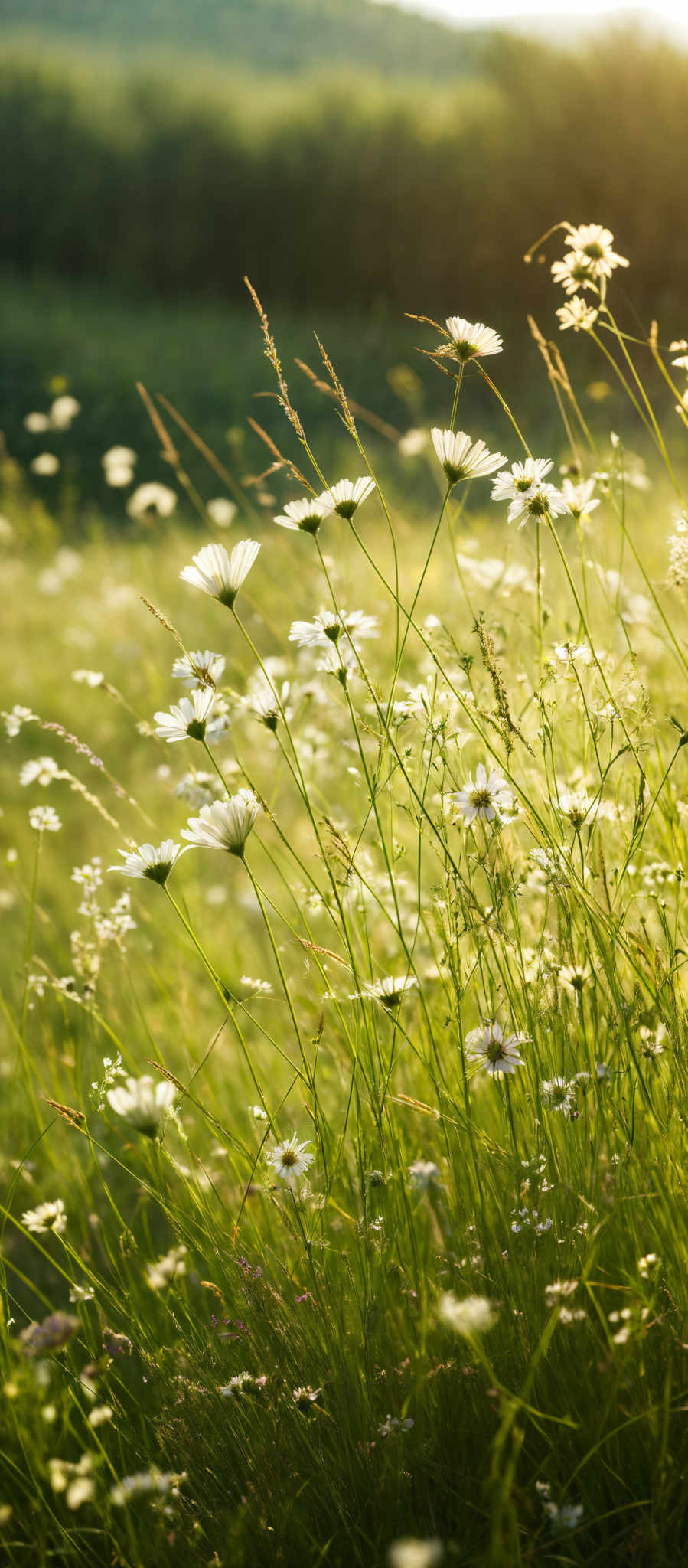 The image showcases a vibrant and lush meadow bathed in the golden hues of sunset or sunrise. The dominant colors are various shades of green from the grass and white from the daisy-like flowers. The flowers have a simple, round shape with white petals and yellow centers. The grass is tall and slender, swaying with the breeze, and there are other smaller flowers interspersed among the daisies. The background reveals a hint of a forest or wooded area, and the sunlight filters through, creating a warm and serene ambiance.