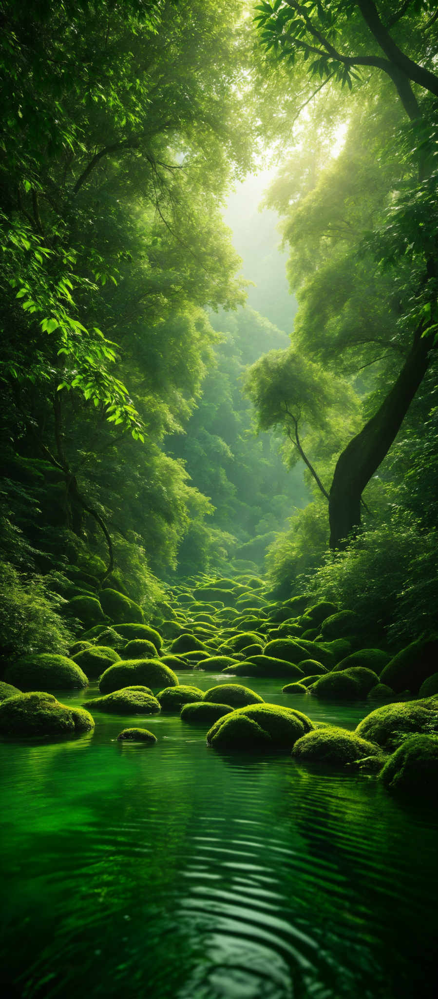 The image showcases a serene forest scene. The dominant colors are various shades of green, representing the lush foliage of the trees. The trees have a dense canopy, filtering the sunlight and casting dappled light on the forest floor. The forest floor is covered with moss-covered stones, forming a pathway that meanders through the forest. The water in the foreground is a vibrant shade of green and appears calm, with ripples caused by a gentle breeze. The overall ambiance of the image is tranquil and peaceful.