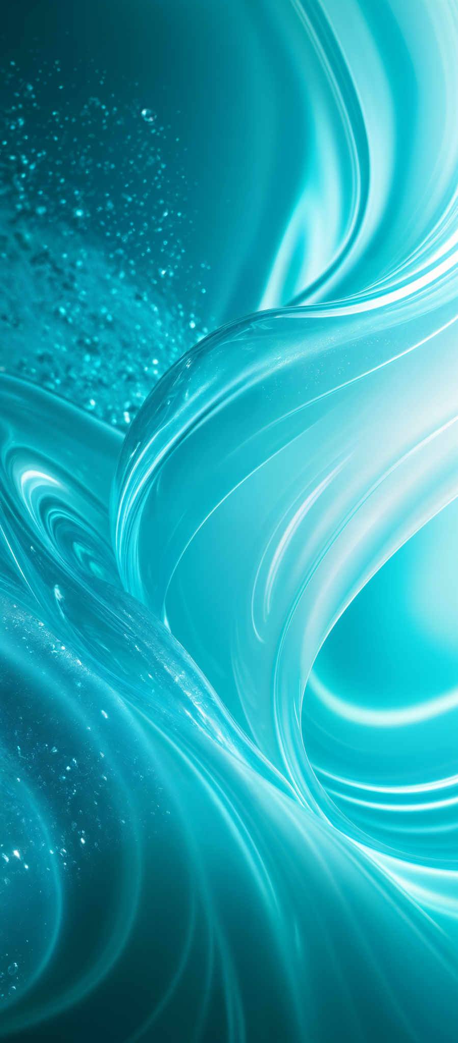 The image showcases a vibrant and dynamic abstract design. It predominantly features shades of blue, ranging from deep navy to lighter turquoise. The shapes are fluid and wavy, resembling flowing water or molten lava. There are swirling patterns that give a sense of movement and energy. Additionally, there are specks of light, possibly representing bubbles or reflections, scattered throughout the design.