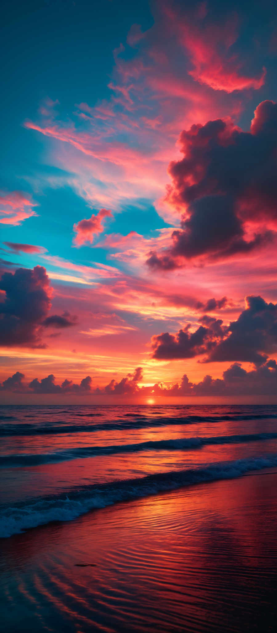 The image showcases a breathtaking sunset over a beach. The sky is painted with a myriad of colors, ranging from deep blues to fiery oranges and reds. The clouds are scattered, with some appearing dark and dense while others are lighter, reflecting the sun's hues. The sun itself is near the horizon, casting a golden glow over the ocean. The waves gently crash onto the shore, creating ripples that reflect the vibrant colors of the sky. The overall scene is serene and evokes a sense of tranquility.