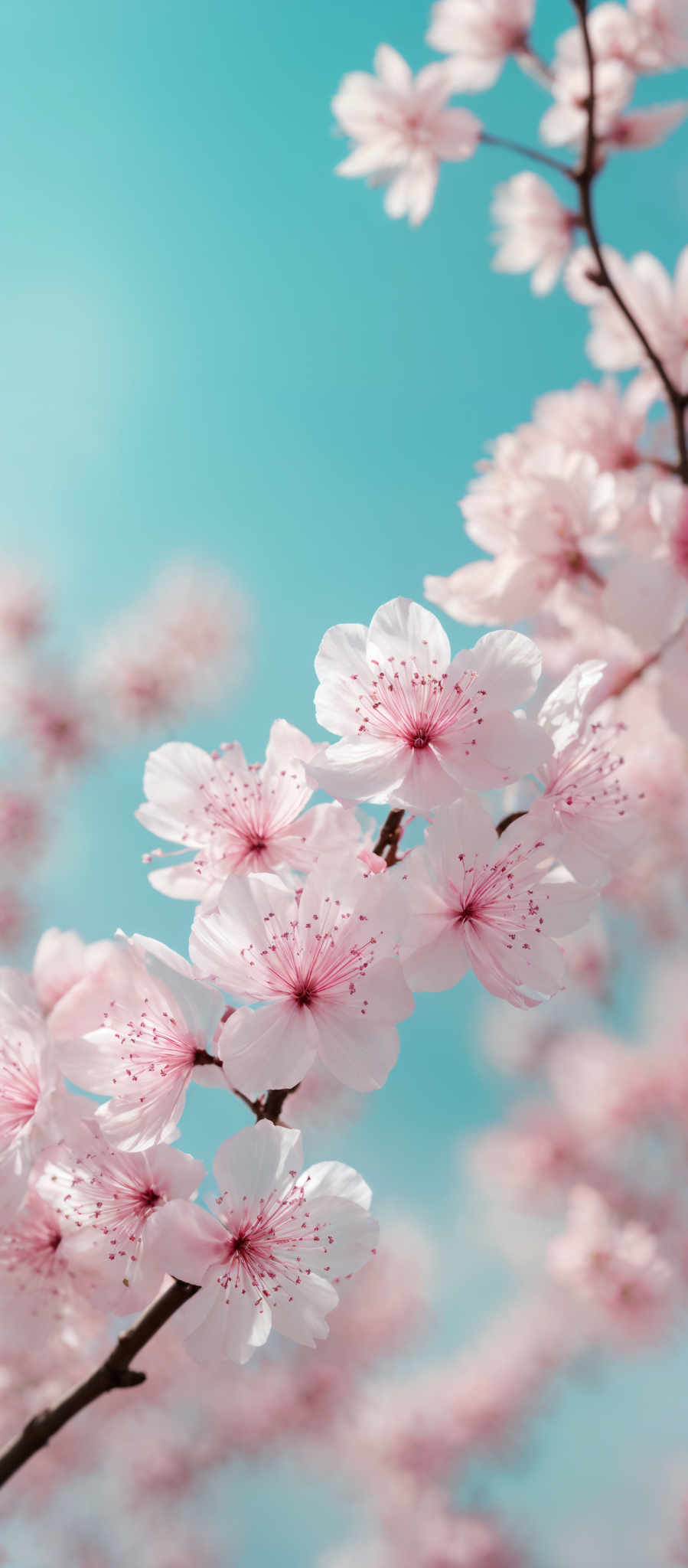 The image showcases a vibrant display of pink cherry blossoms against a clear blue sky. The cherry blooms are delicate, with a round shape and multiple petals. The center of each blossom is adorned with a cluster of small, dark-colored stamens. The branches bearing these blossoming trees are slender and brown. The background is a serene blue, providing a beautiful contrast to the pink hues of the cherry flowers.